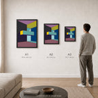 Constructed Fields 07 – A1, A2 and A3 print sizes shown at actual scale in a contemporary interior. Use this image as a size guide. Geometric colour-field abstract art print. Hahnemühle German Etching 310gsm.