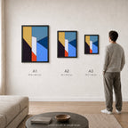 Constructed Fields 08 – A1, A2 and A3 print sizes shown at actual scale in a contemporary interior. Use this image as a size guide. Geometric colour-field abstract art print. Hahnemühle German Etching 310gsm.