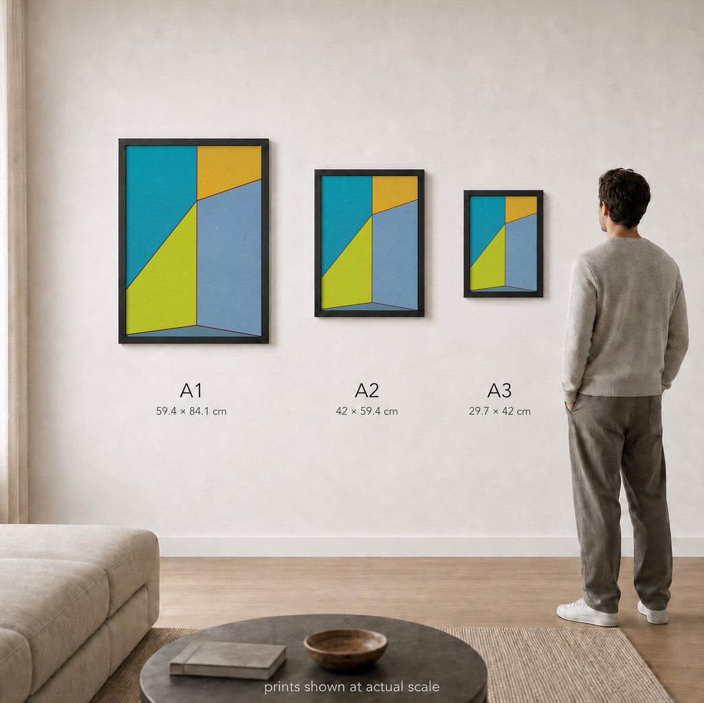 Constructed Fields 09 – A1, A2 and A3 print sizes shown at actual scale in a contemporary interior. Use this image as a size guide. Geometric colour-field abstract art print. Hahnemühle German Etching 310gsm.