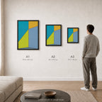 Constructed Fields 09 – A1, A2 and A3 print sizes shown at actual scale in a contemporary interior. Use this image as a size guide. Geometric colour-field abstract art print. Hahnemühle German Etching 310gsm.