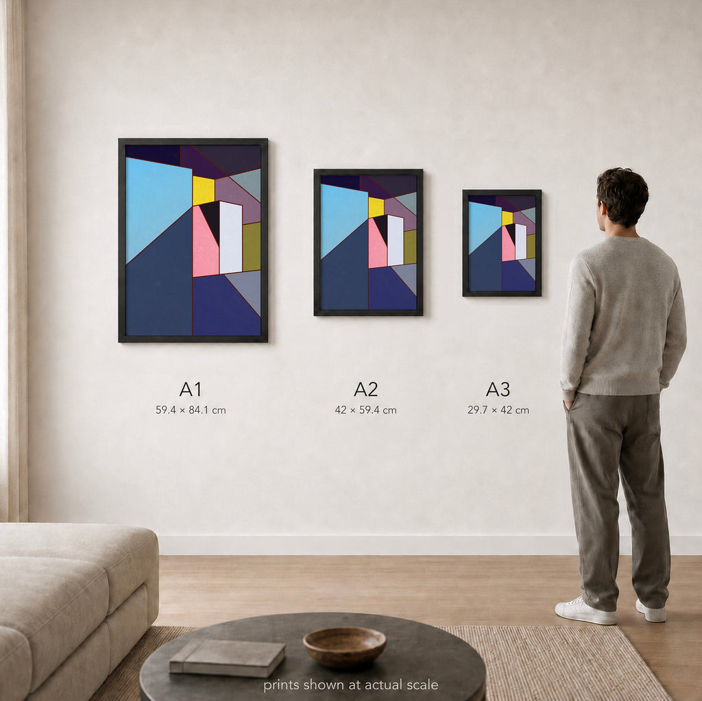 Constructed Fields 10 – A1, A2 and A3 print sizes shown at actual scale in a contemporary interior. Use this image as a size guide. Geometric colour-field abstract art print. Hahnemühle German Etching 310gsm.