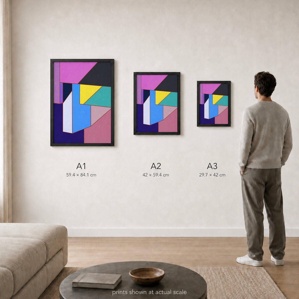 Constructed Fields 11 – A1, A2 and A3 print sizes shown at actual scale in a contemporary interior. Use this image as a size guide. Geometric colour-field abstract art print. Hahnemühle German Etching 310gsm.