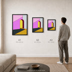 Constructed Fields 12 – A1, A2 and A3 print sizes shown at actual scale in a contemporary interior. Use this image as a size guide. Geometric colour-field abstract art print. Hahnemühle German Etching 310gsm.