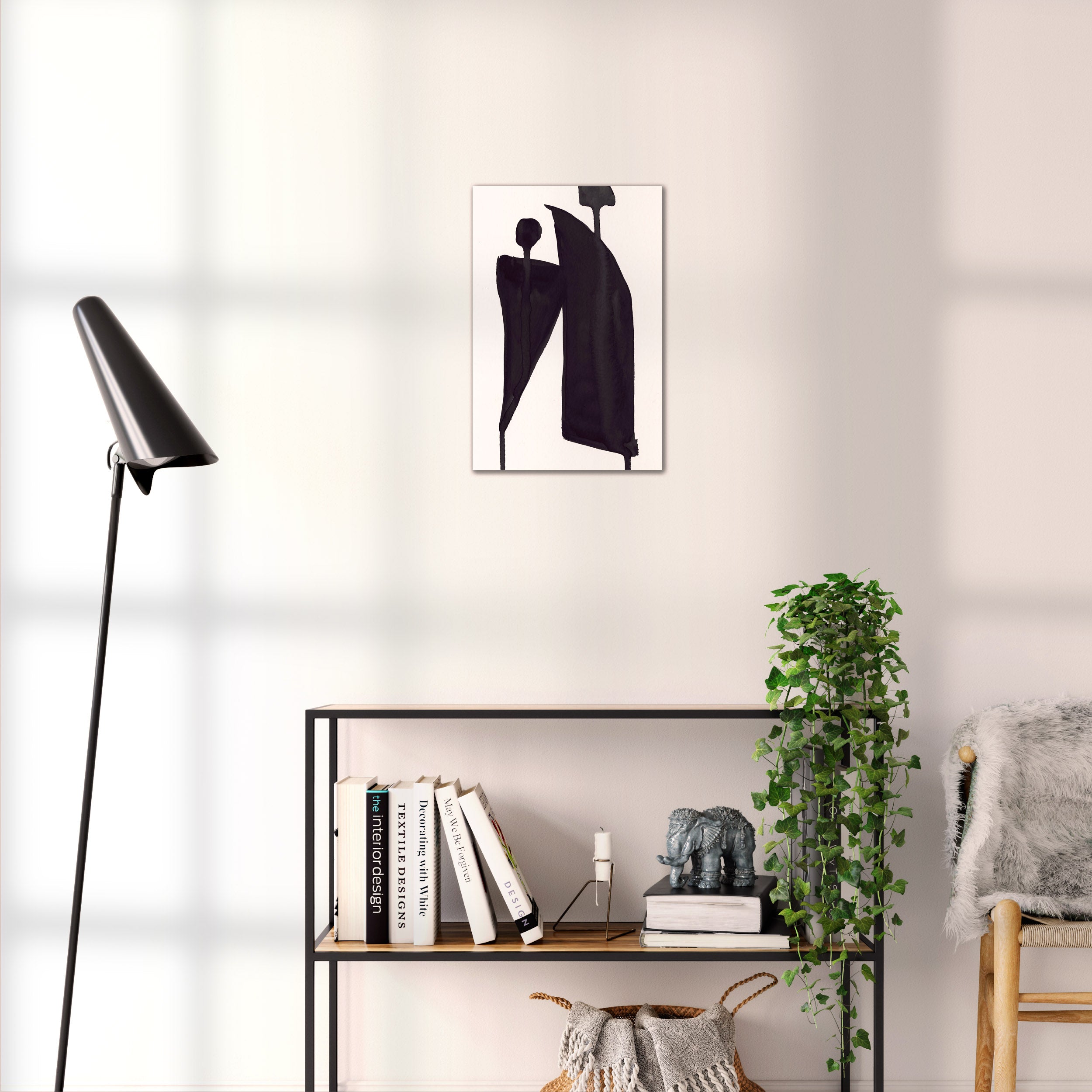 Composition in Ink 05 black ink, 30×45 cm giclée art print shown to scale in a home interior – abstract minimalist wall art, portrait format, Open Wall Studio Studies in Ink