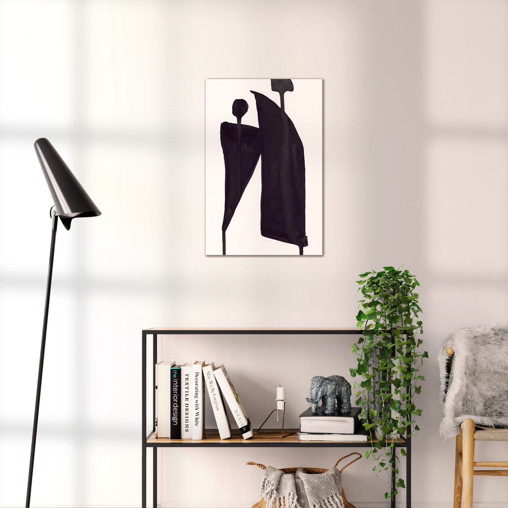 Composition in Ink 05 black ink, 40×60 cm giclée art print shown to scale in a home interior – abstract minimalist wall art, portrait format, Open Wall Studio Studies in Ink