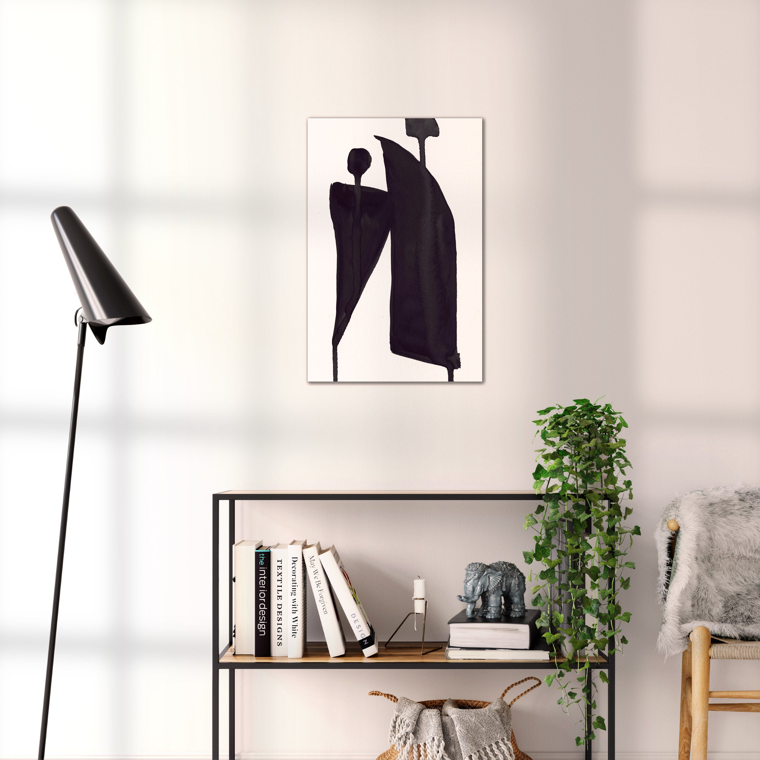 Composition in Ink 05 black ink, 40×60 cm giclée art print shown to scale in a home interior – abstract minimalist wall art, portrait format, Open Wall Studio Studies in Ink