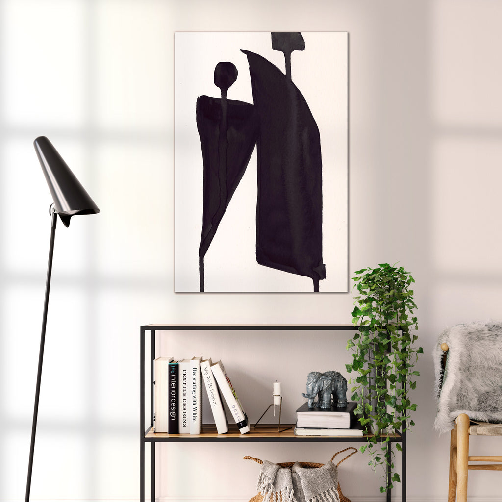 Composition in Ink 05 black ink, 60×90 cm giclée art print shown to scale in a home interior – abstract minimalist wall art, portrait format, Open Wall Studio Studies in Ink