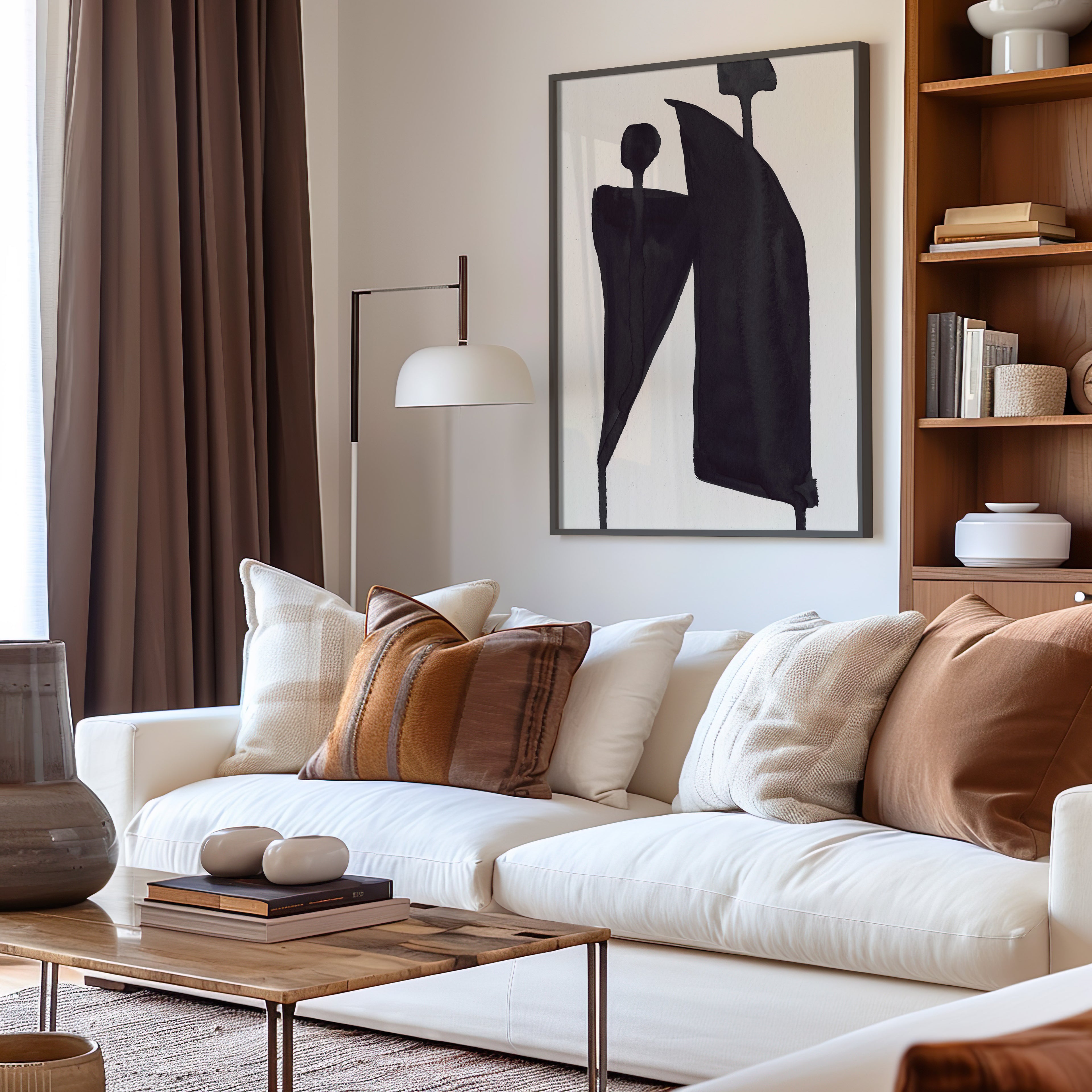 Composition in Ink 05 in black ink displayed in a modern interior, room mockup view one – abstract giclée wall art, 30×45 cm, portrait format, Open Wall Studio