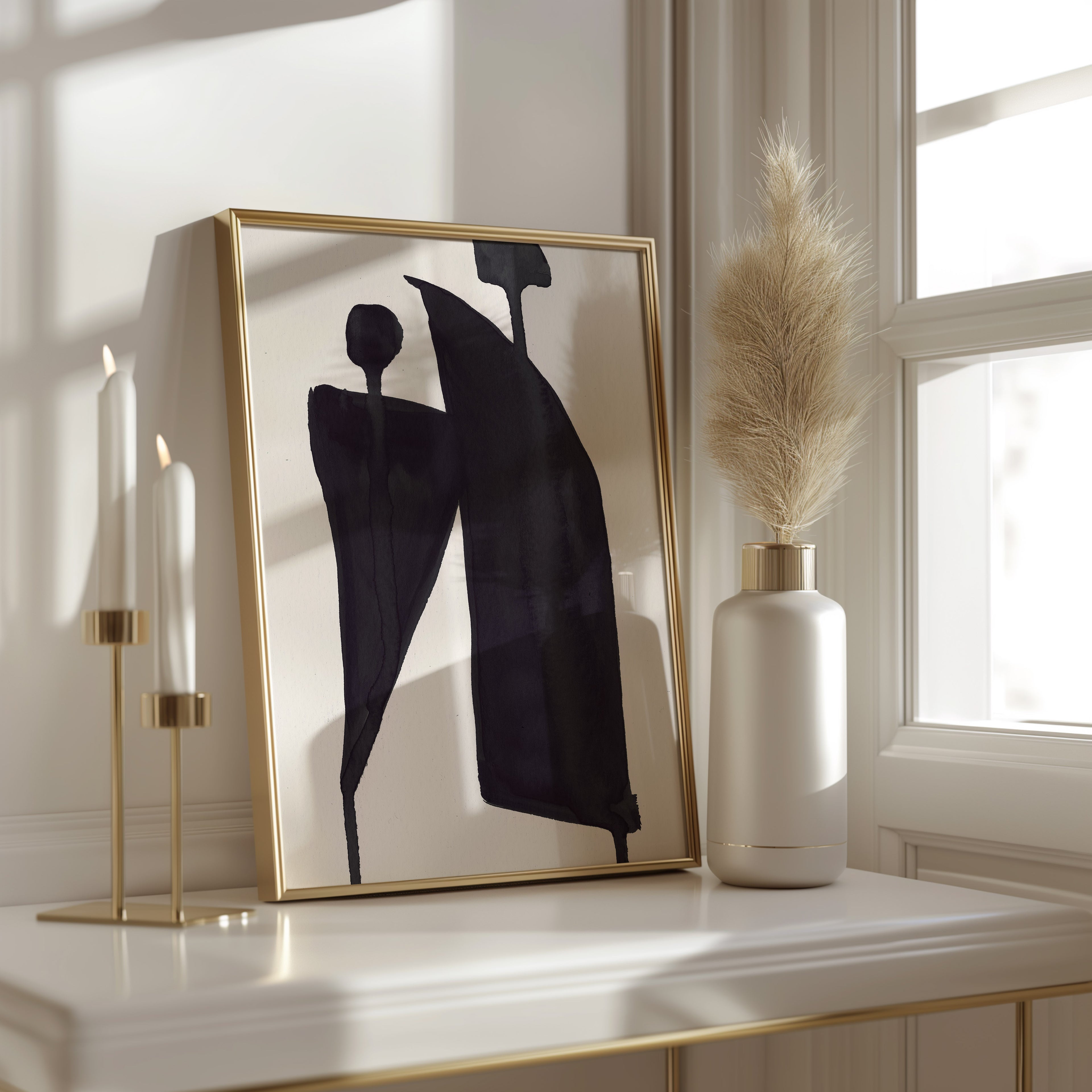 Composition in Ink 05 in black ink displayed in a modern interior, room mockup view two – abstract giclée wall art, 30×45 cm, portrait format, Open Wall Studio