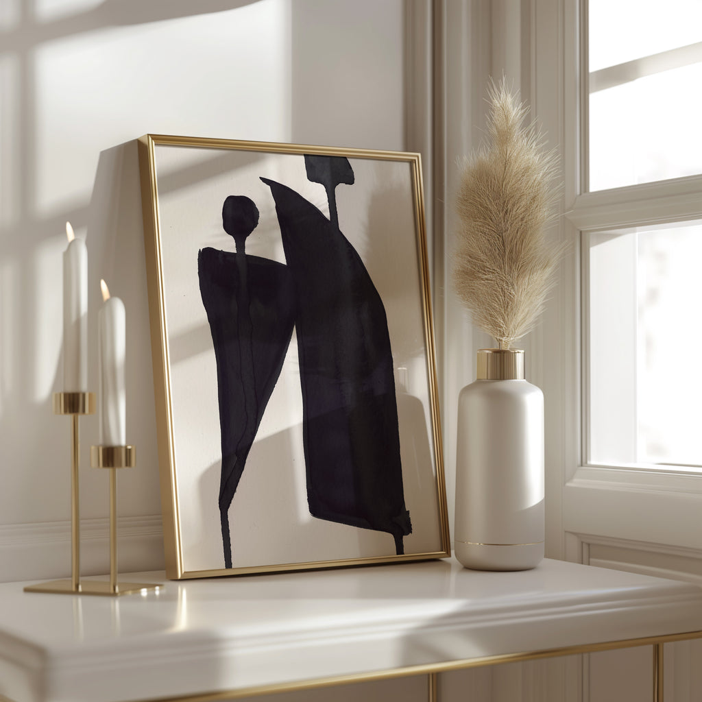 Composition in Ink 05 in black ink displayed in a modern interior, room mockup view two – abstract giclée wall art, 40×60 cm, portrait format, Open Wall Studio