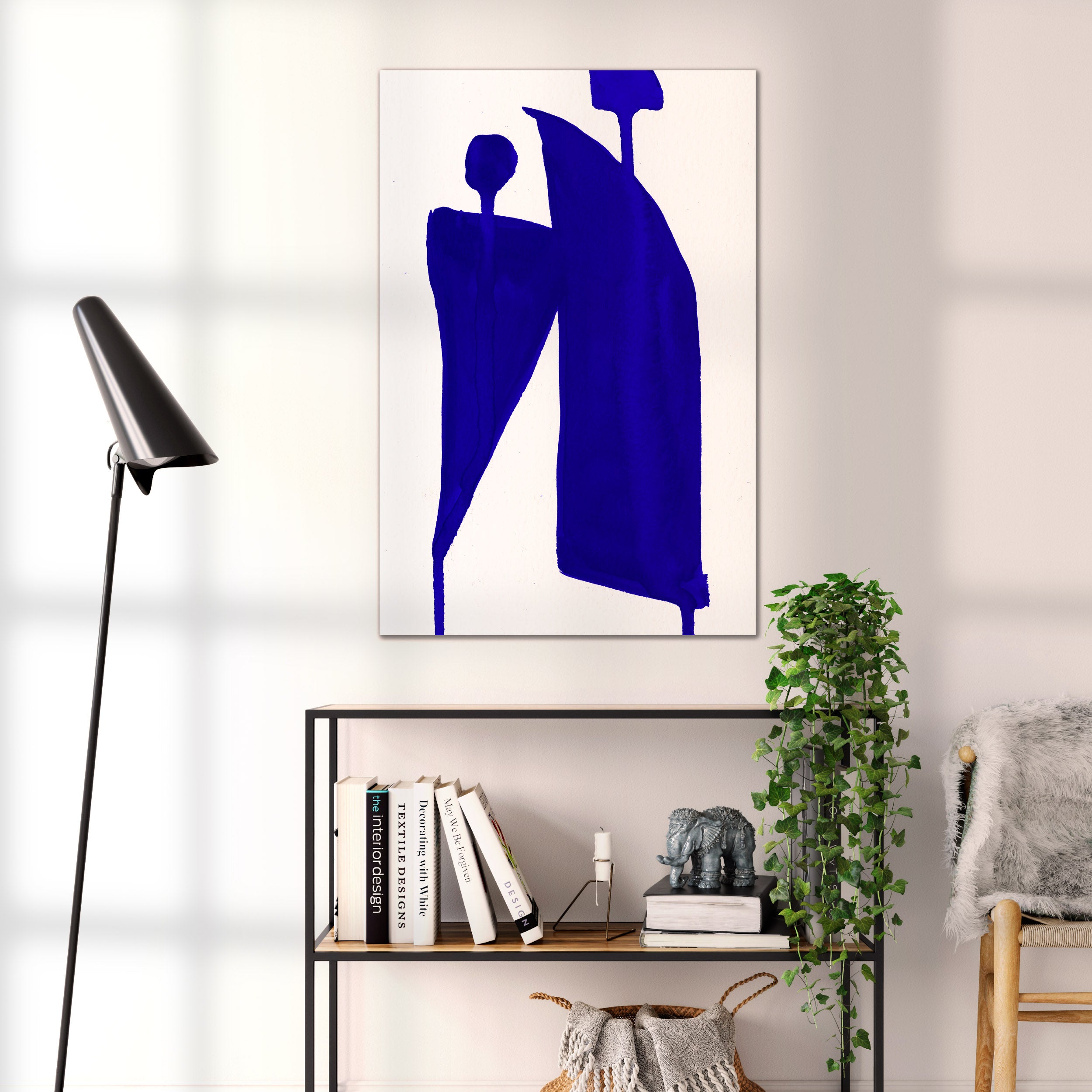 Composition in Ink 05 blue ink, 60×90 cm giclée art print shown to scale in a home interior – abstract minimalist wall art, portrait format, Open Wall Studio Studies in Ink