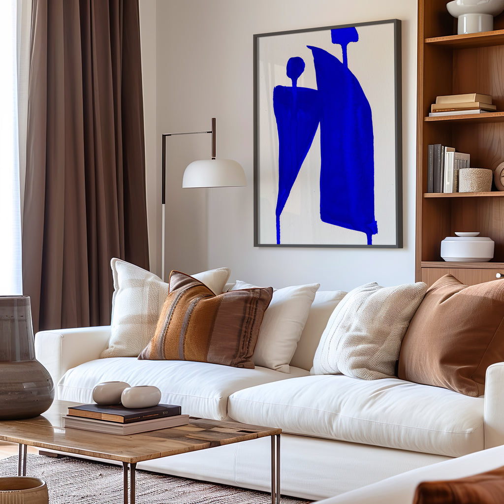Composition in Ink 05 in blue ink displayed in a modern interior, room mockup view one – abstract giclée wall art, 30×45 cm, portrait format, Open Wall Studio