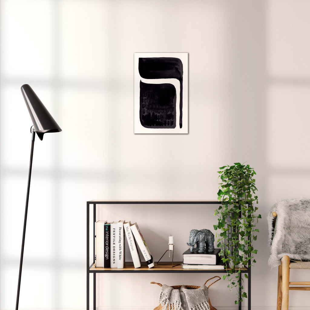 Composition in Ink 06 black ink, 30×45 cm giclée art print shown to scale in a home interior – abstract minimalist wall art, portrait format, Open Wall Studio Studies in Ink