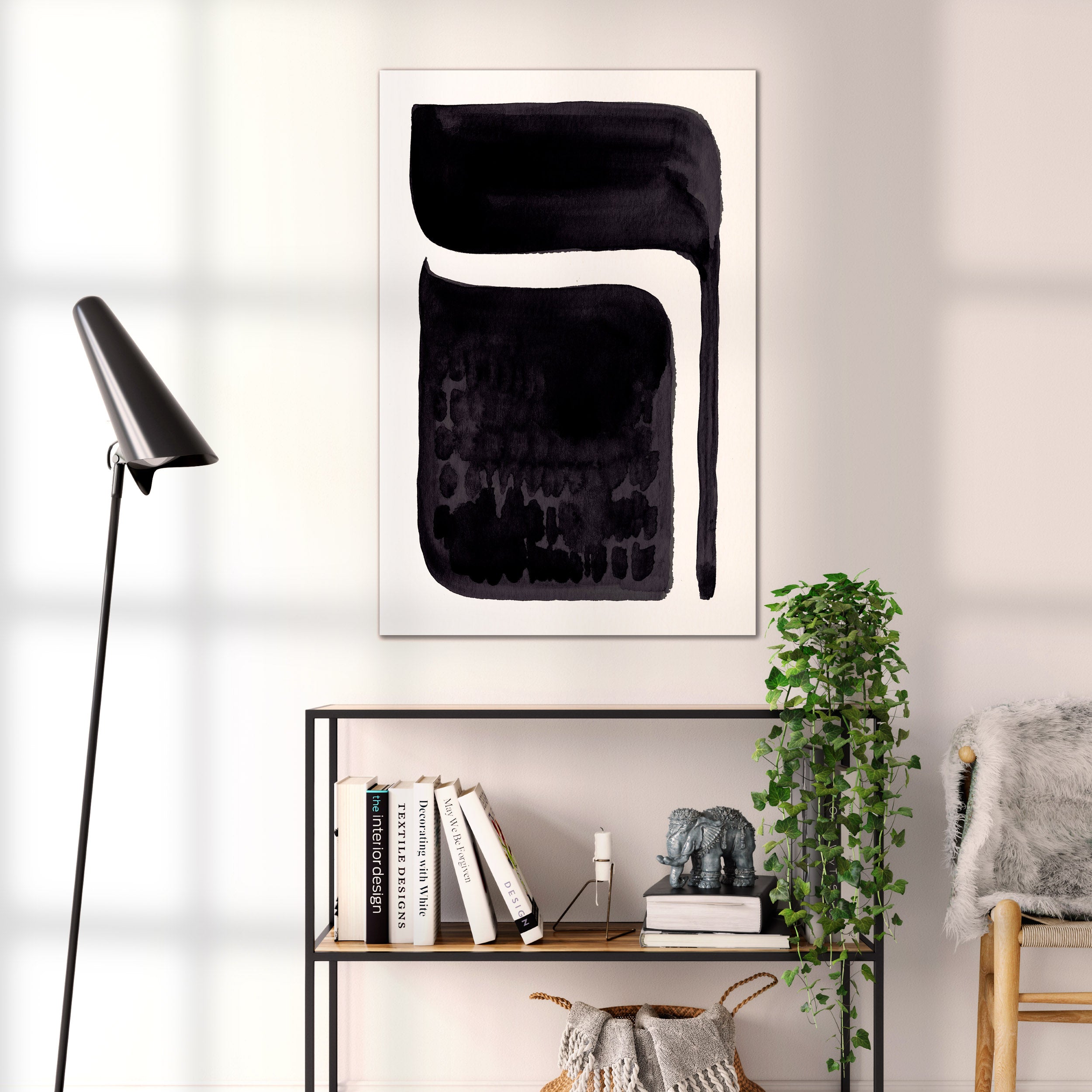 Composition in Ink 06 black ink, 60×90 cm giclée art print shown to scale in a home interior – abstract minimalist wall art, portrait format, Open Wall Studio Studies in Ink