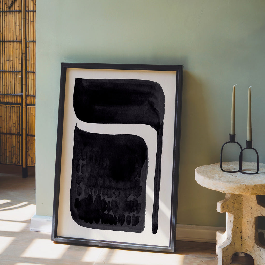 Composition in Ink 06 in black ink displayed in a modern interior, room mockup view one – abstract giclée wall art, 30×45 cm, portrait format, Open Wall Studio