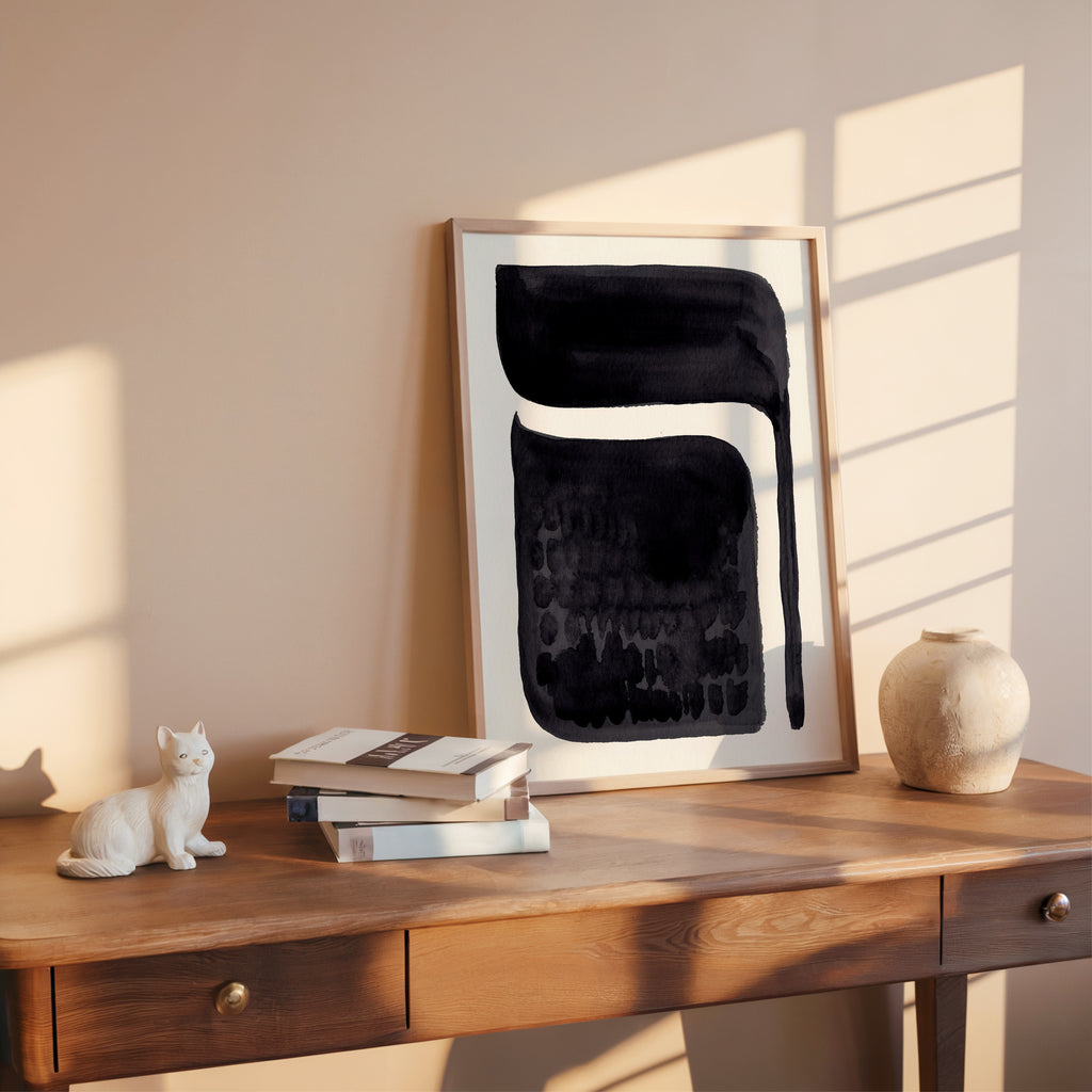 Composition in Ink 06 in black ink displayed in a modern interior, room mockup view two – abstract giclée wall art, 60×90 cm, portrait format, Open Wall Studio