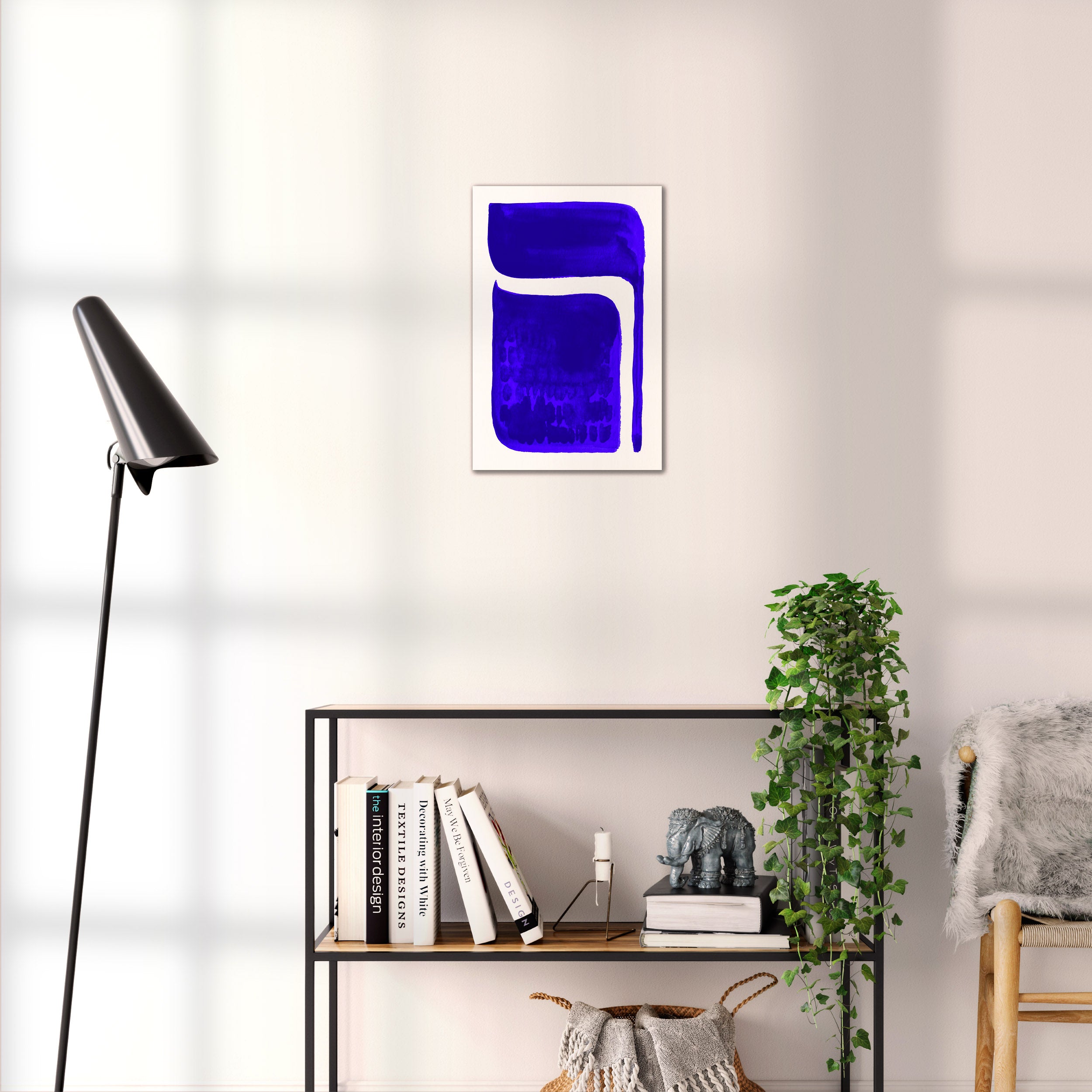 Composition in Ink 06 blue ink, 30×45 cm giclée art print shown to scale in a home interior – abstract minimalist wall art, portrait format, Open Wall Studio Studies in Ink