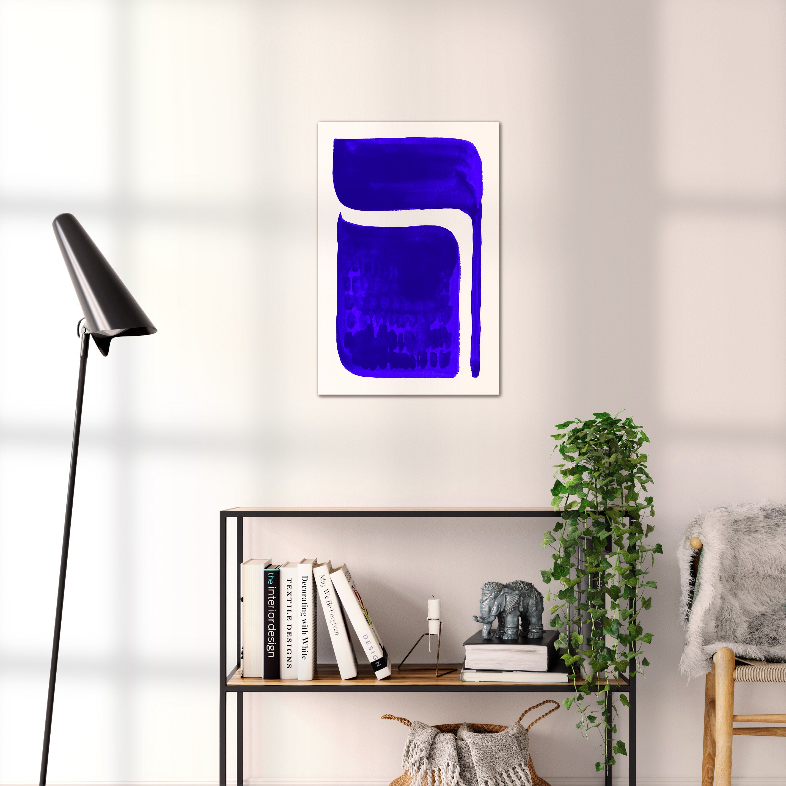 Composition in Ink 06 blue ink, 40×60 cm giclée art print shown to scale in a home interior – abstract minimalist wall art, portrait format, Open Wall Studio Studies in Ink