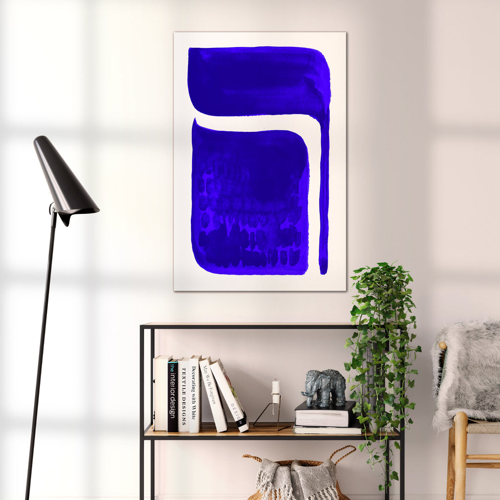 Composition in Ink 06 blue ink, 60×90 cm giclée art print shown to scale in a home interior – abstract minimalist wall art, portrait format, Open Wall Studio Studies in Ink