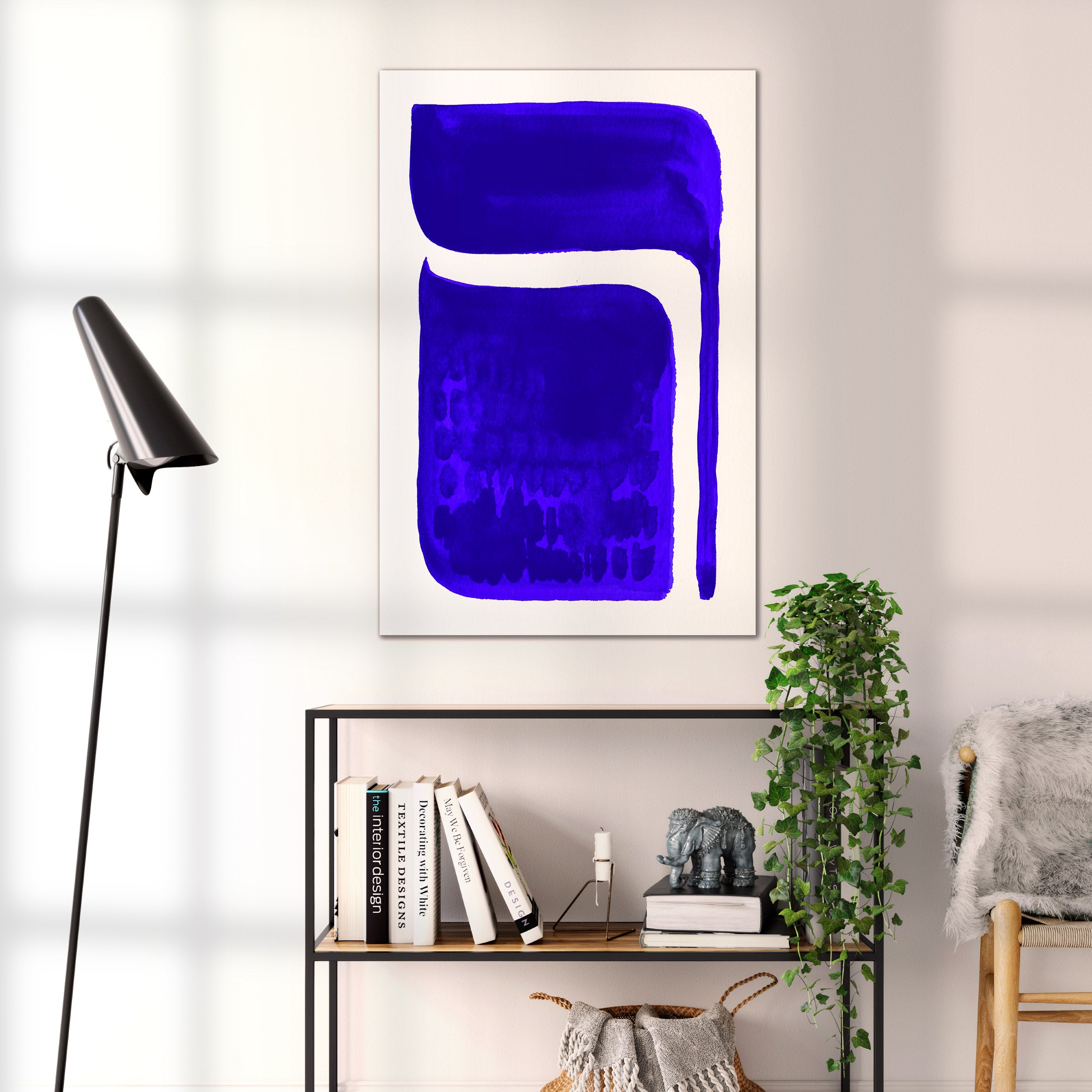 Composition in Ink 06 blue ink, 60×90 cm giclée art print shown to scale in a home interior – abstract minimalist wall art, portrait format, Open Wall Studio Studies in Ink