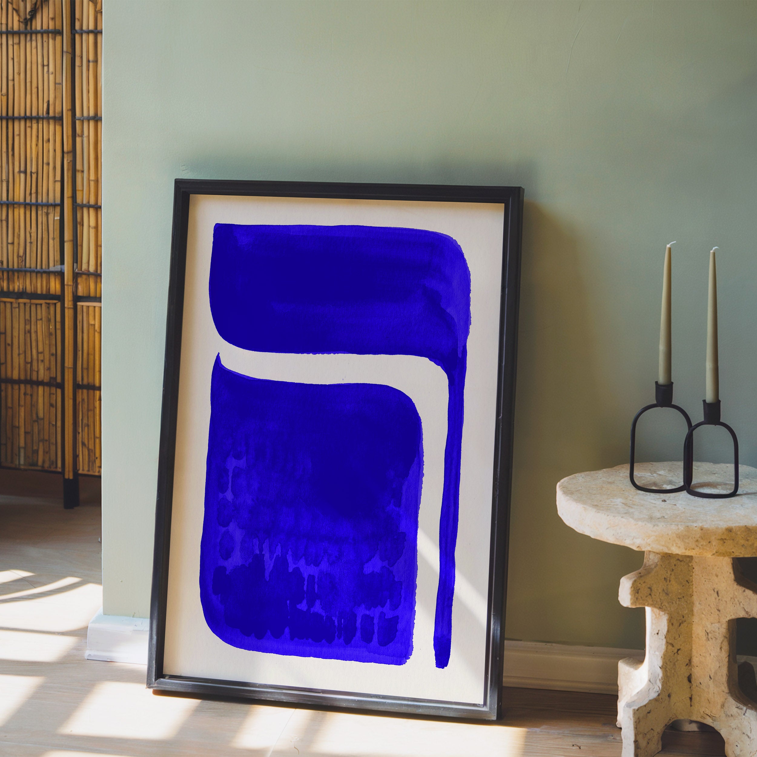 Composition in Ink 06 in blue ink displayed in a modern interior, room mockup view one – abstract giclée wall art, 30×45 cm, portrait format, Open Wall Studio