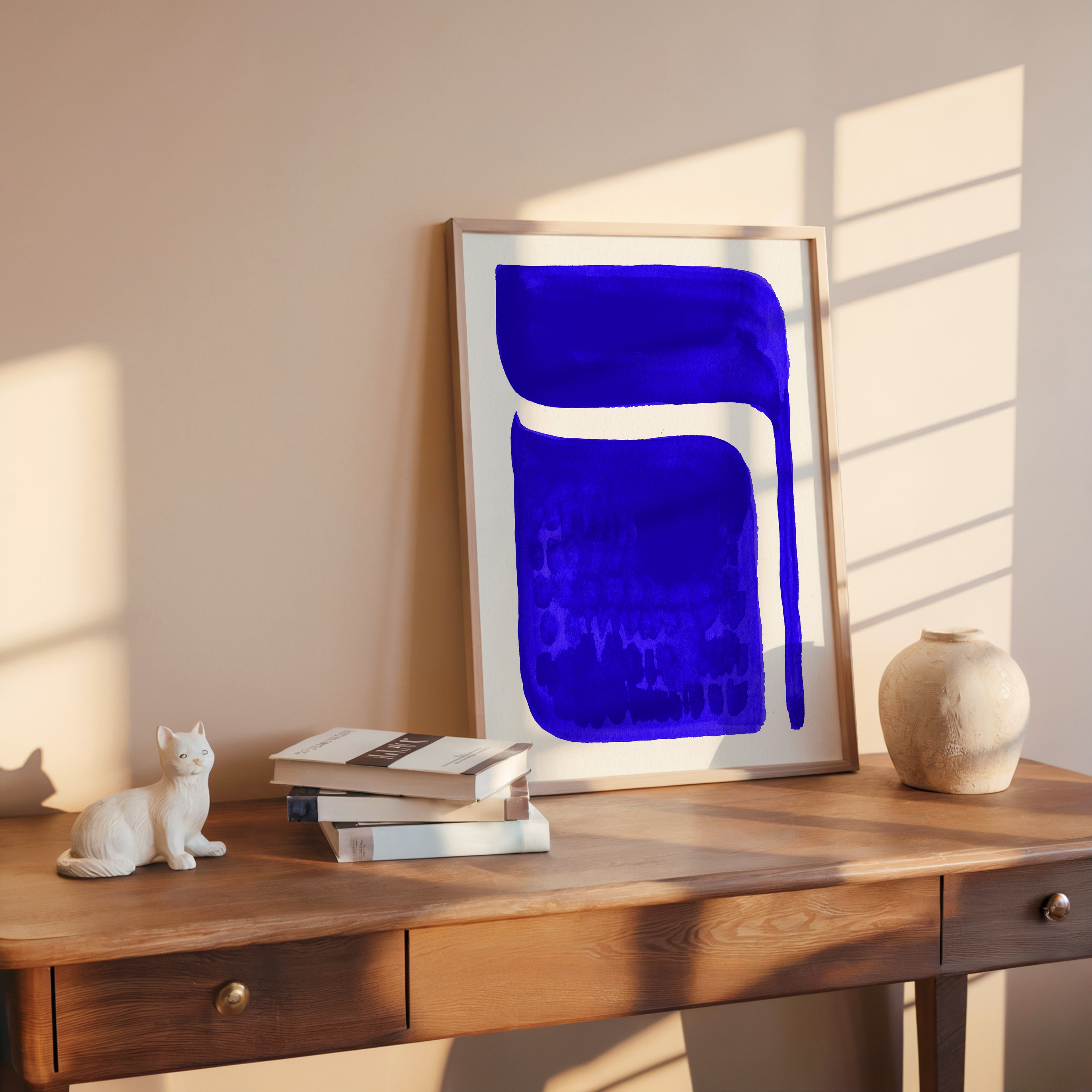 Composition in Ink 06 in blue ink displayed in a modern interior, room mockup view two – abstract giclée wall art, 40×60 cm, portrait format, Open Wall Studio