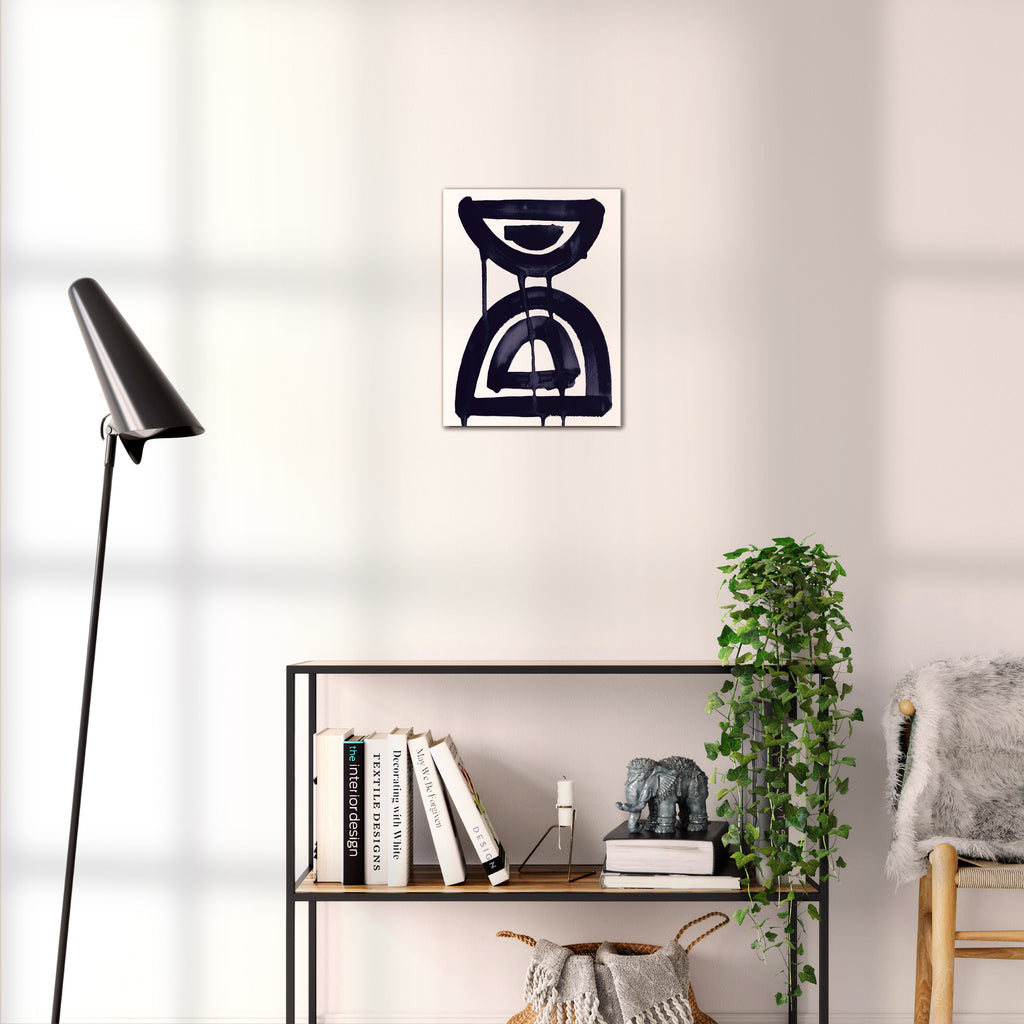 Composition in Ink 07 black ink, 30×40 cm giclée art print shown to scale in a home interior – abstract minimalist wall art, portrait format, Open Wall Studio Studies in Ink