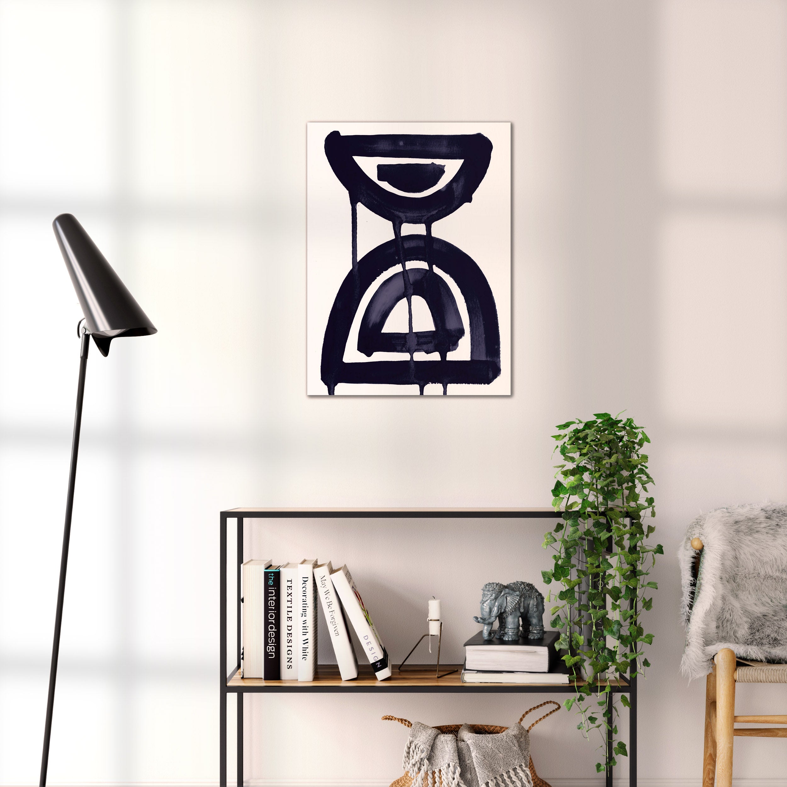 Composition in Ink 07 black ink, 45×60 cm giclée art print shown to scale in a home interior – abstract minimalist wall art, portrait format, Open Wall Studio Studies in Ink