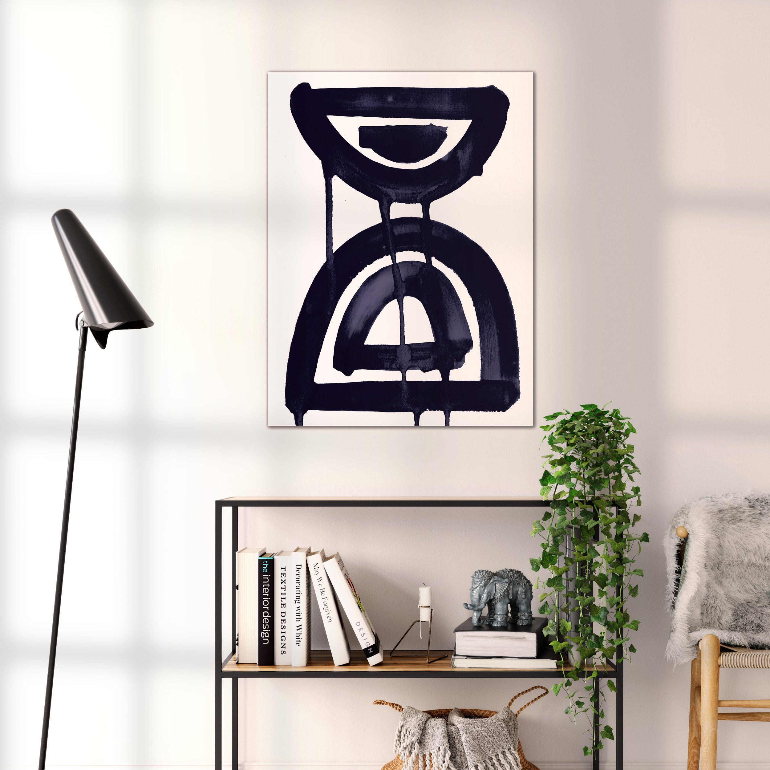 Composition in Ink 07 black ink, 60×80 cm giclée art print shown to scale in a home interior – abstract minimalist wall art, portrait format, Open Wall Studio Studies in Ink
