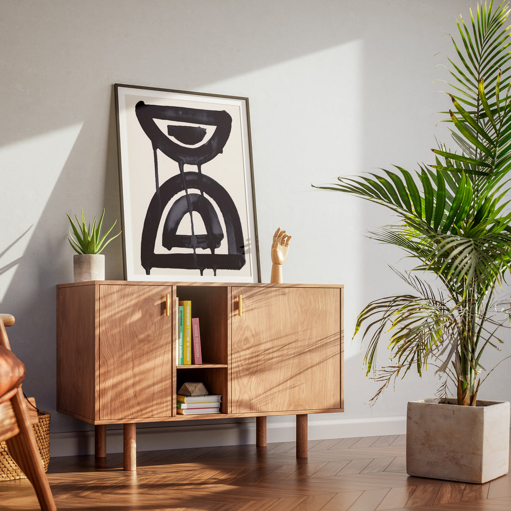 Composition in Ink 07 in black ink displayed in a modern interior, room mockup view one – abstract giclée wall art, 60×80 cm, portrait format, Open Wall Studio