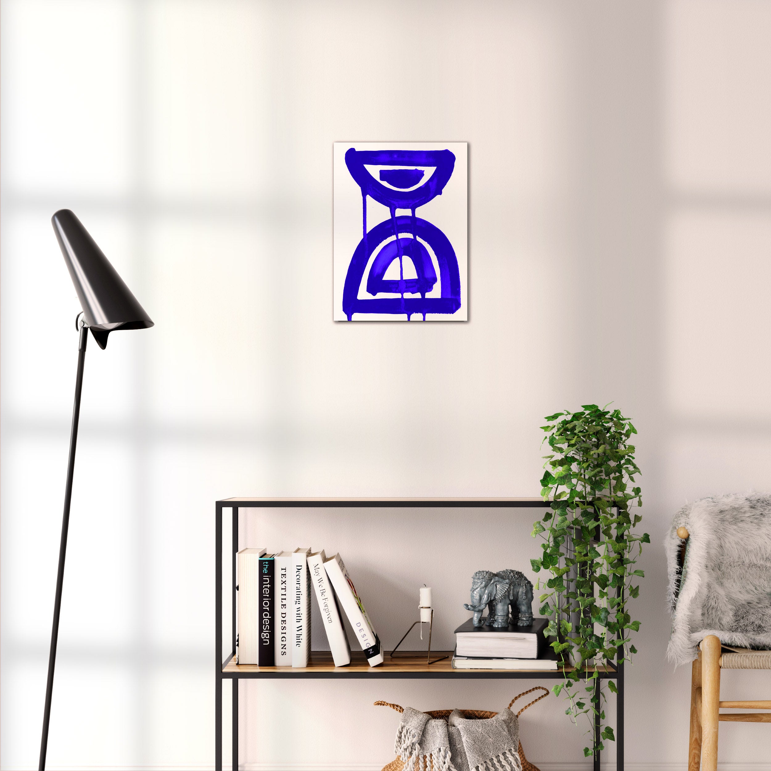 Composition in Ink 07 blue ink, 30×40 cm giclée art print shown to scale in a home interior – abstract minimalist wall art, portrait format, Open Wall Studio Studies in Ink