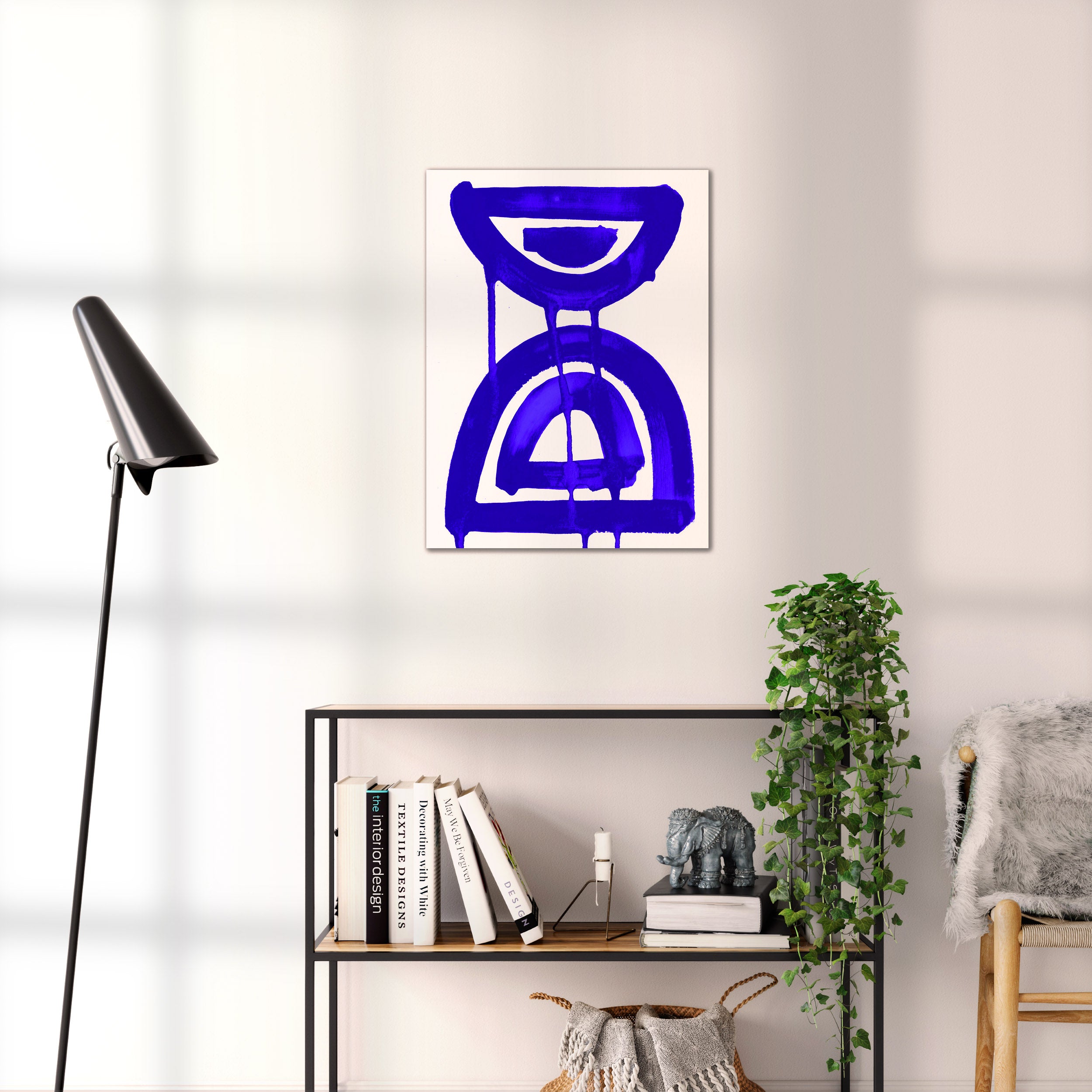 Composition in Ink 07 blue ink, 45×60 cm giclée art print shown to scale in a home interior – abstract minimalist wall art, portrait format, Open Wall Studio Studies in Ink