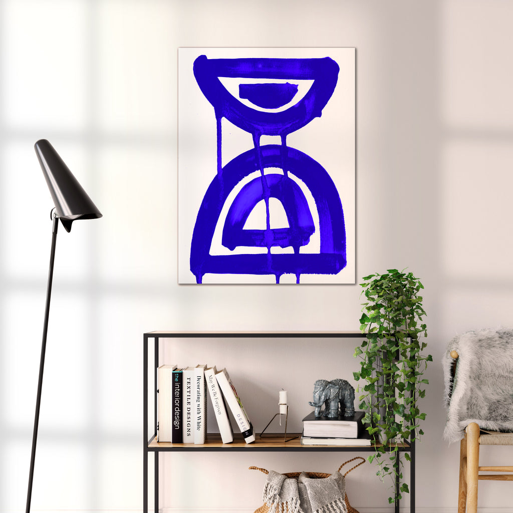 Composition in Ink 07 blue ink, 60×80 cm giclée art print shown to scale in a home interior – abstract minimalist wall art, portrait format, Open Wall Studio Studies in Ink