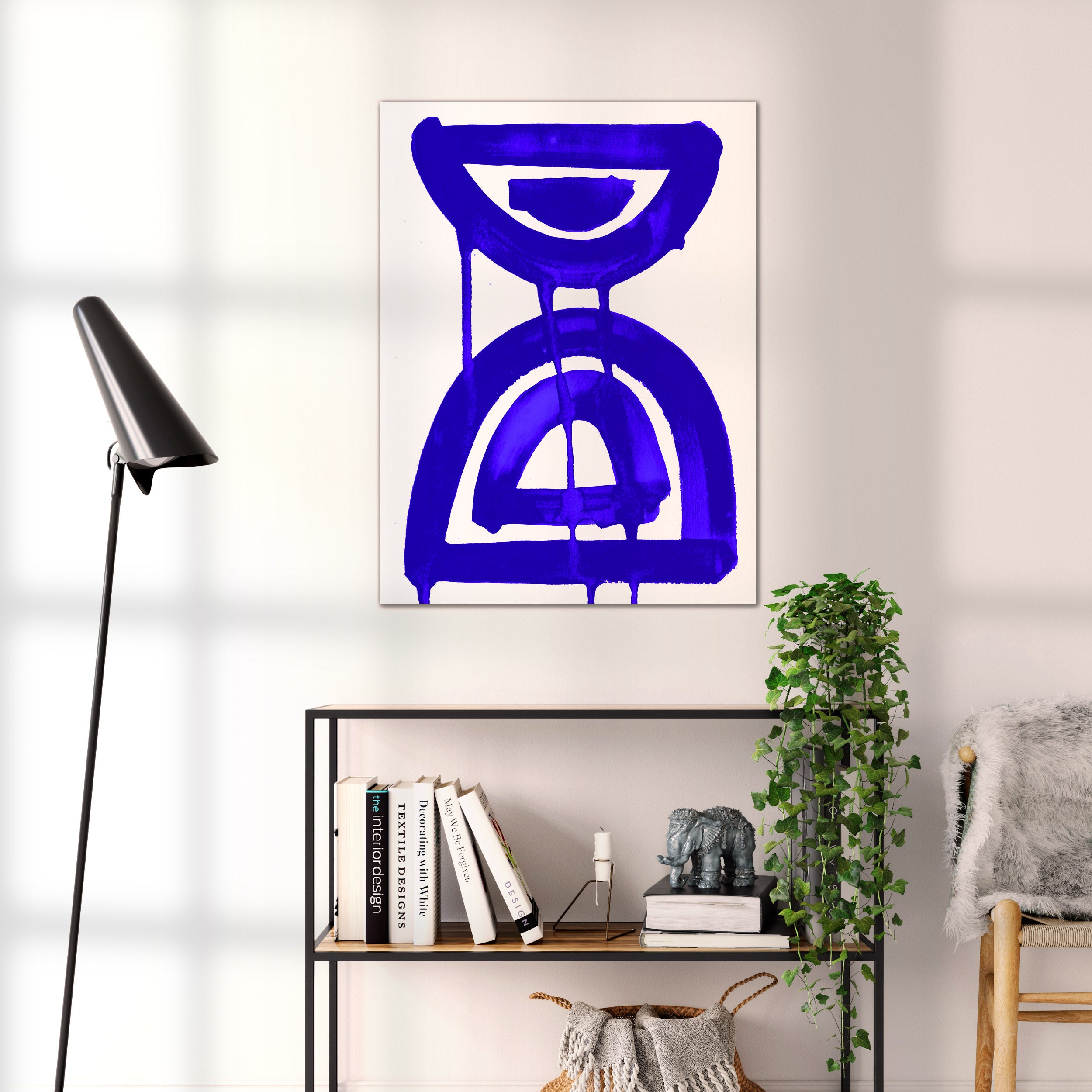 Composition in Ink 07 blue ink, 60×80 cm giclée art print shown to scale in a home interior – abstract minimalist wall art, portrait format, Open Wall Studio Studies in Ink