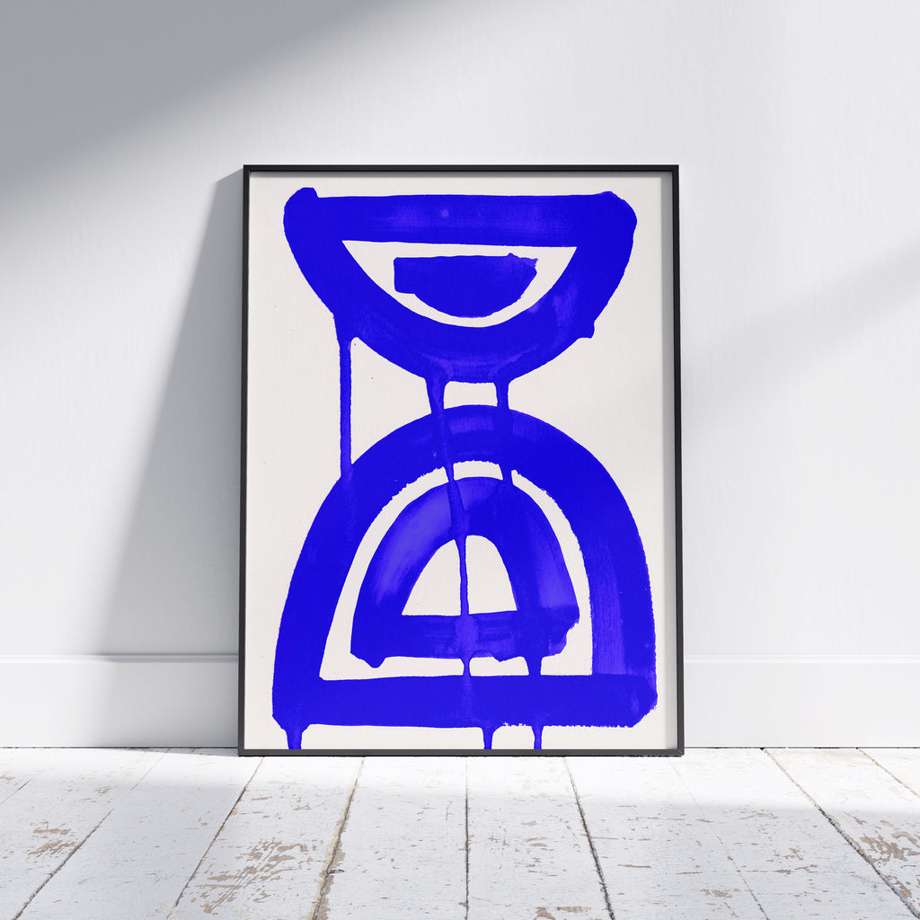 Composition in Ink 07 framed art print in blue ink – contemporary abstract giclée print shown in frame, portrait format, 60×80 cm, no scale reference, Open Wall Studio