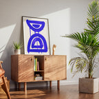 Composition in Ink 07 in blue ink displayed in a modern interior, room mockup view one – abstract giclée wall art, 45×60 cm, portrait format, Open Wall Studio