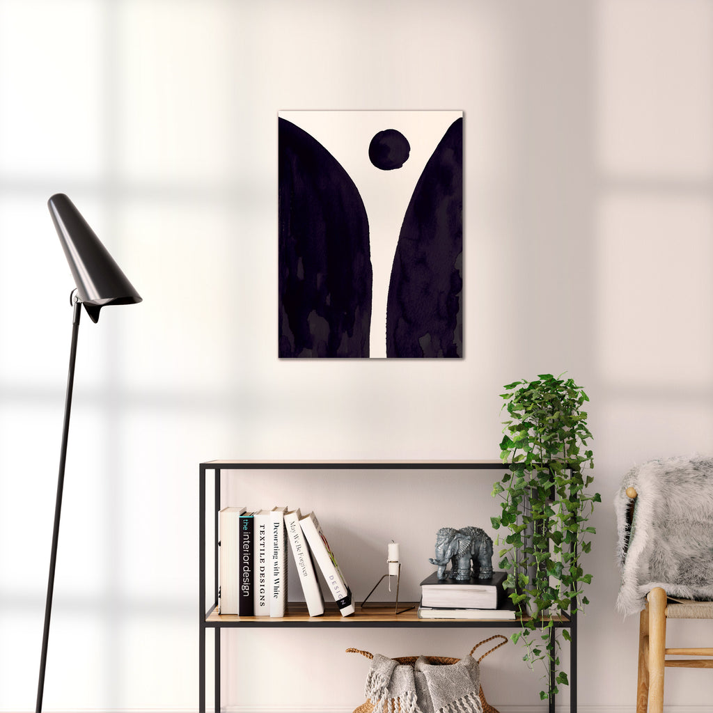 Composition in Ink 08 black ink, 45×60 cm giclée art print shown to scale in a home interior – abstract minimalist wall art, portrait format, Open Wall Studio Studies in Ink