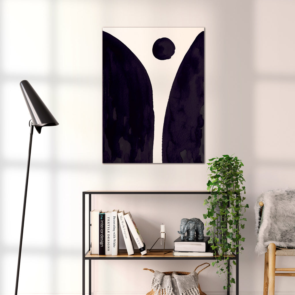 Composition in Ink 08 black ink, 60×80 cm giclée art print shown to scale in a home interior – abstract minimalist wall art, portrait format, Open Wall Studio Studies in Ink