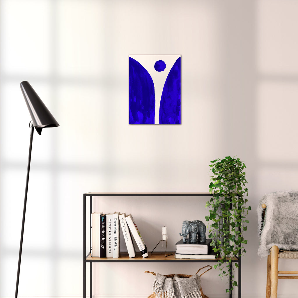 Composition in Ink 08 blue ink, 30×40 cm giclée art print shown to scale in a home interior – abstract minimalist wall art, portrait format, Open Wall Studio Studies in Ink