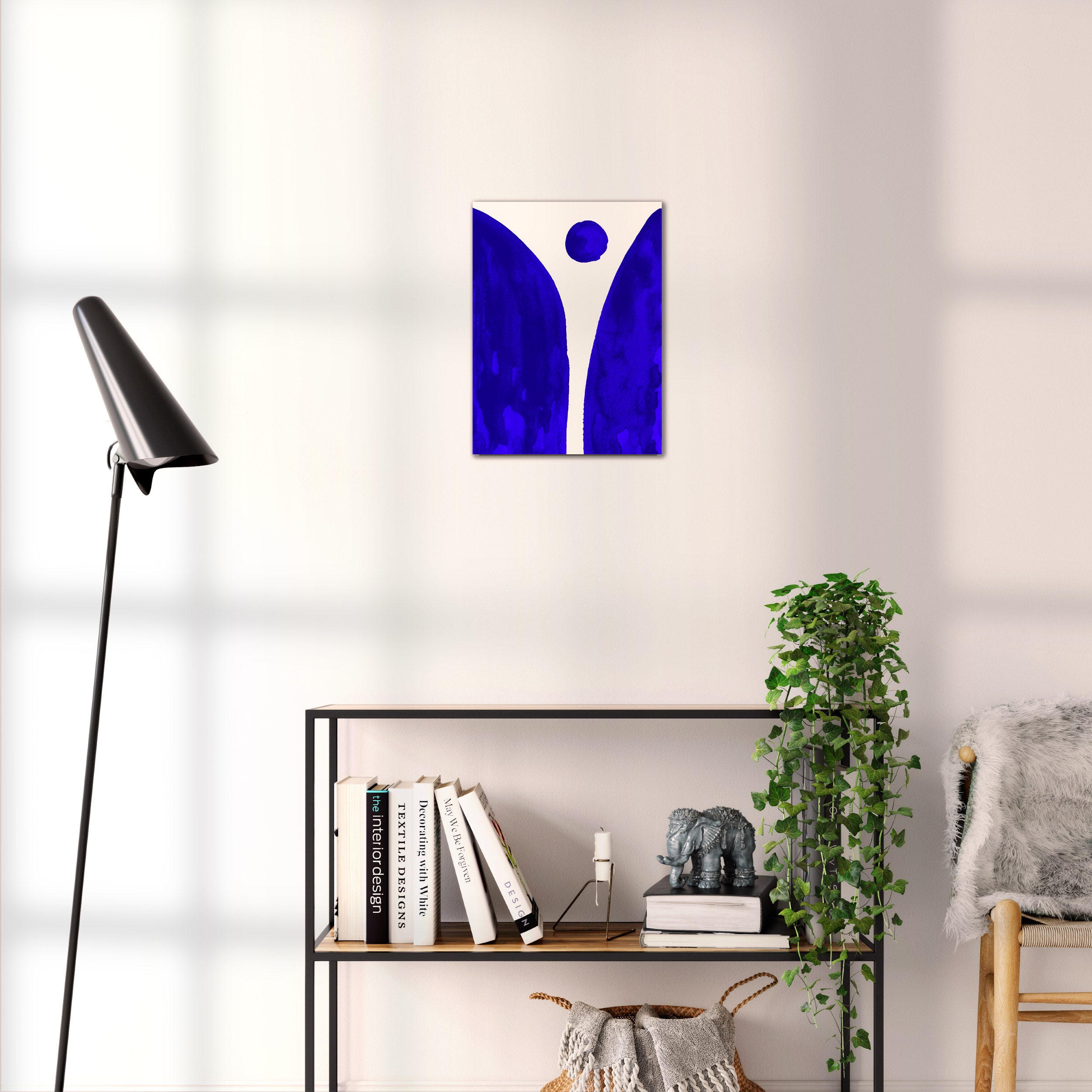Composition in Ink 08 blue ink, 30×40 cm giclée art print shown to scale in a home interior – abstract minimalist wall art, portrait format, Open Wall Studio Studies in Ink