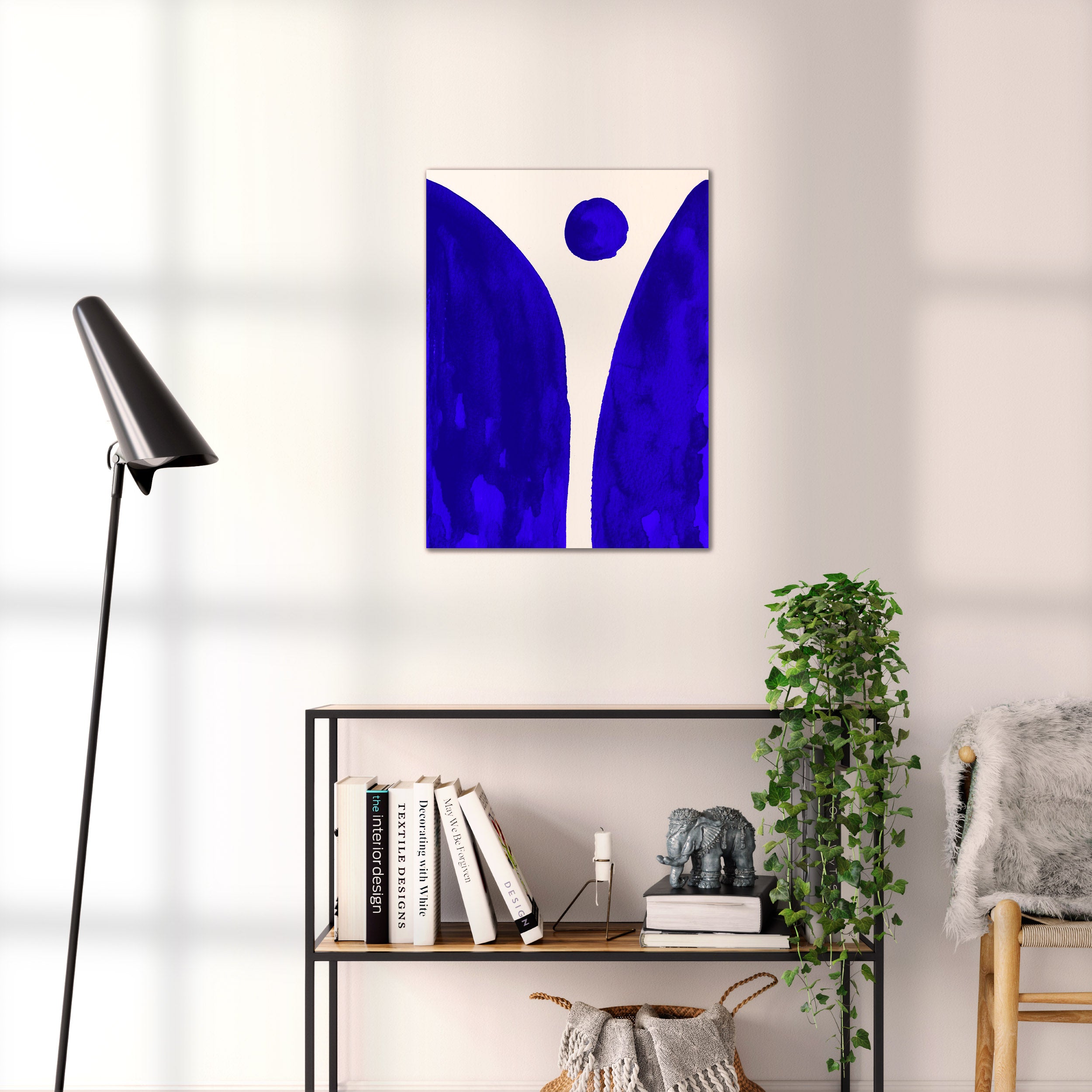 Composition in Ink 08 blue ink, 45×60 cm giclée art print shown to scale in a home interior – abstract minimalist wall art, portrait format, Open Wall Studio Studies in Ink