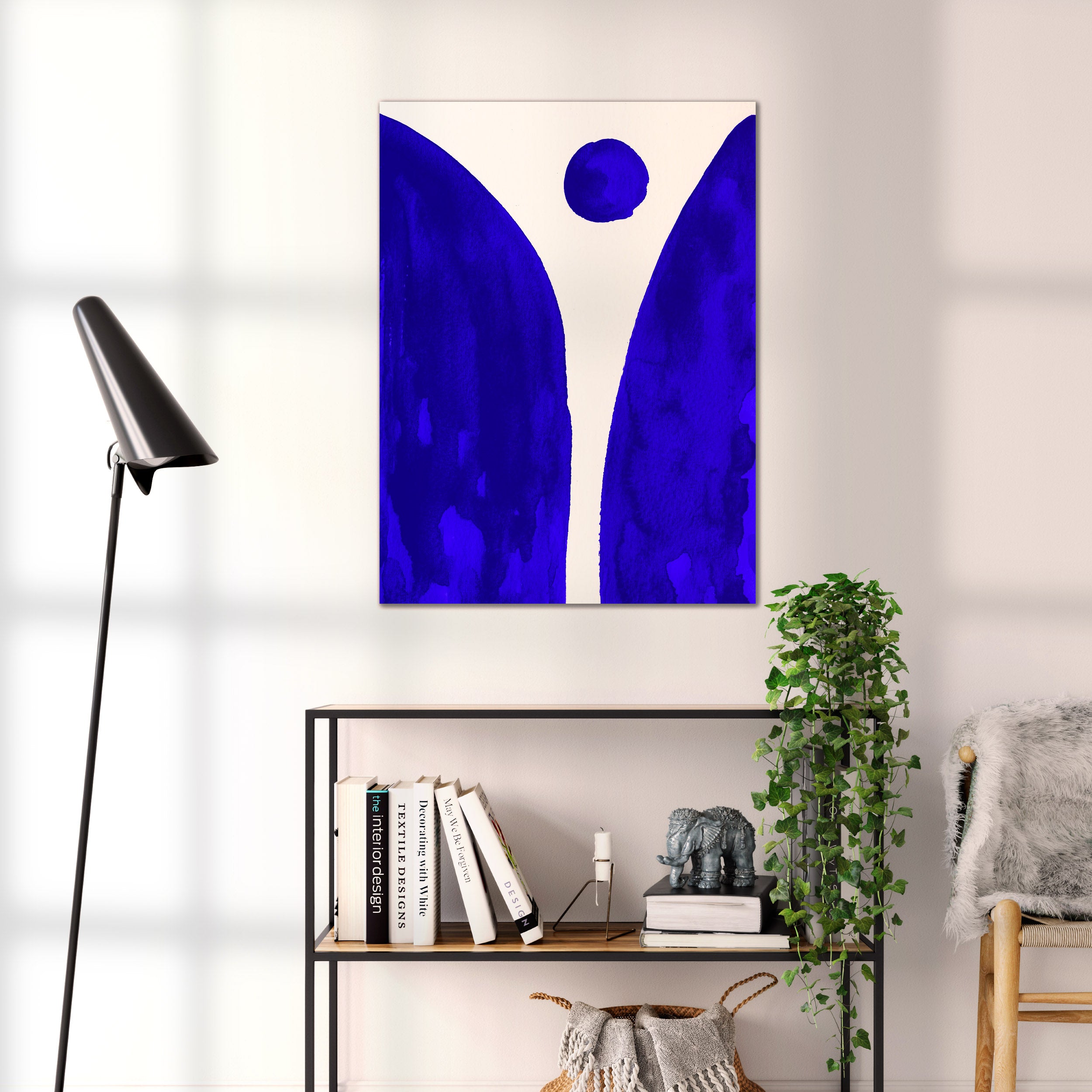 Composition in Ink 08 blue ink, 60×80 cm giclée art print shown to scale in a home interior – abstract minimalist wall art, portrait format, Open Wall Studio Studies in Ink
