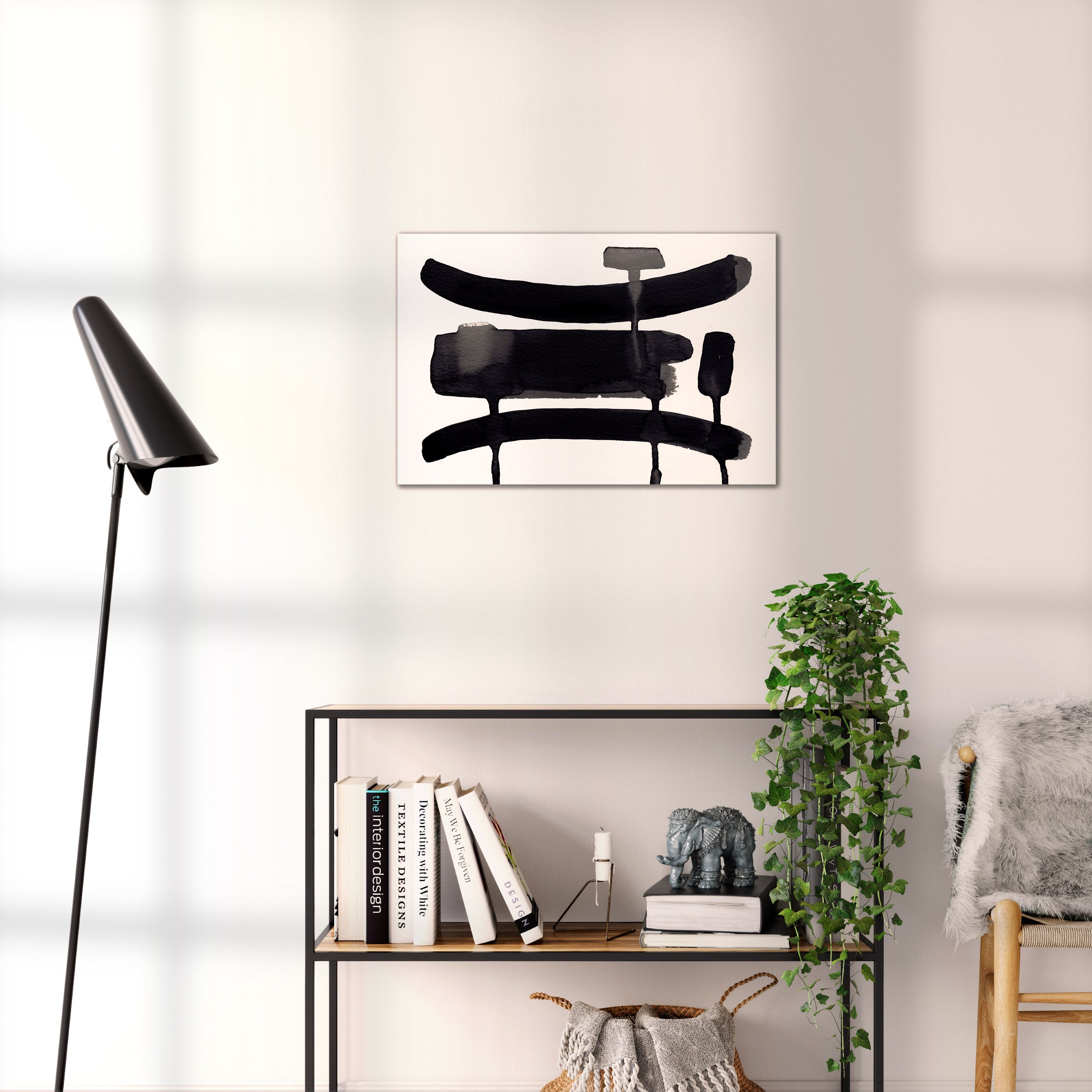 Composition in Ink 09 black ink, 60×40 cm giclée art print shown to scale in a home interior – abstract minimalist wall art, landscape format, Open Wall Studio Studies in Ink