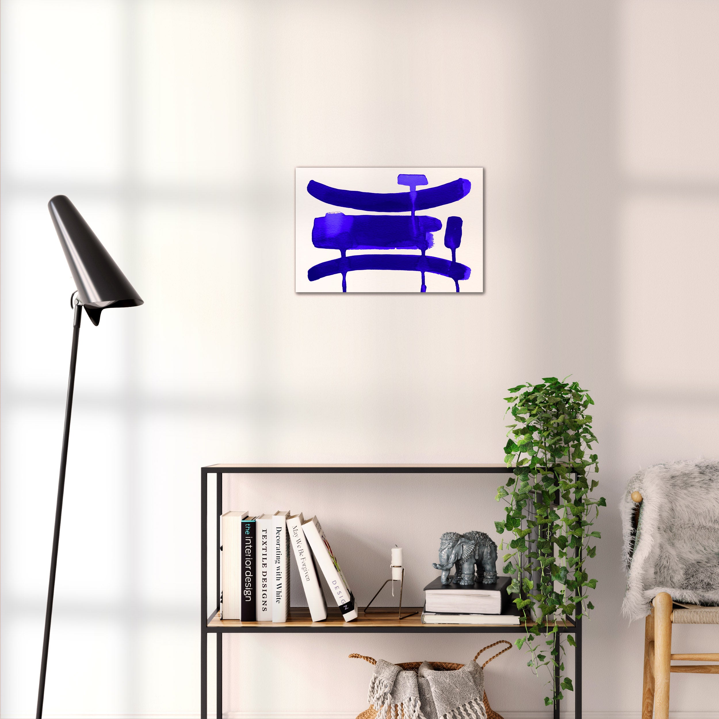Composition in Ink 09 blue ink, 45×30 cm giclée art print shown to scale in a home interior – abstract minimalist wall art, landscape format, Open Wall Studio Studies in Ink