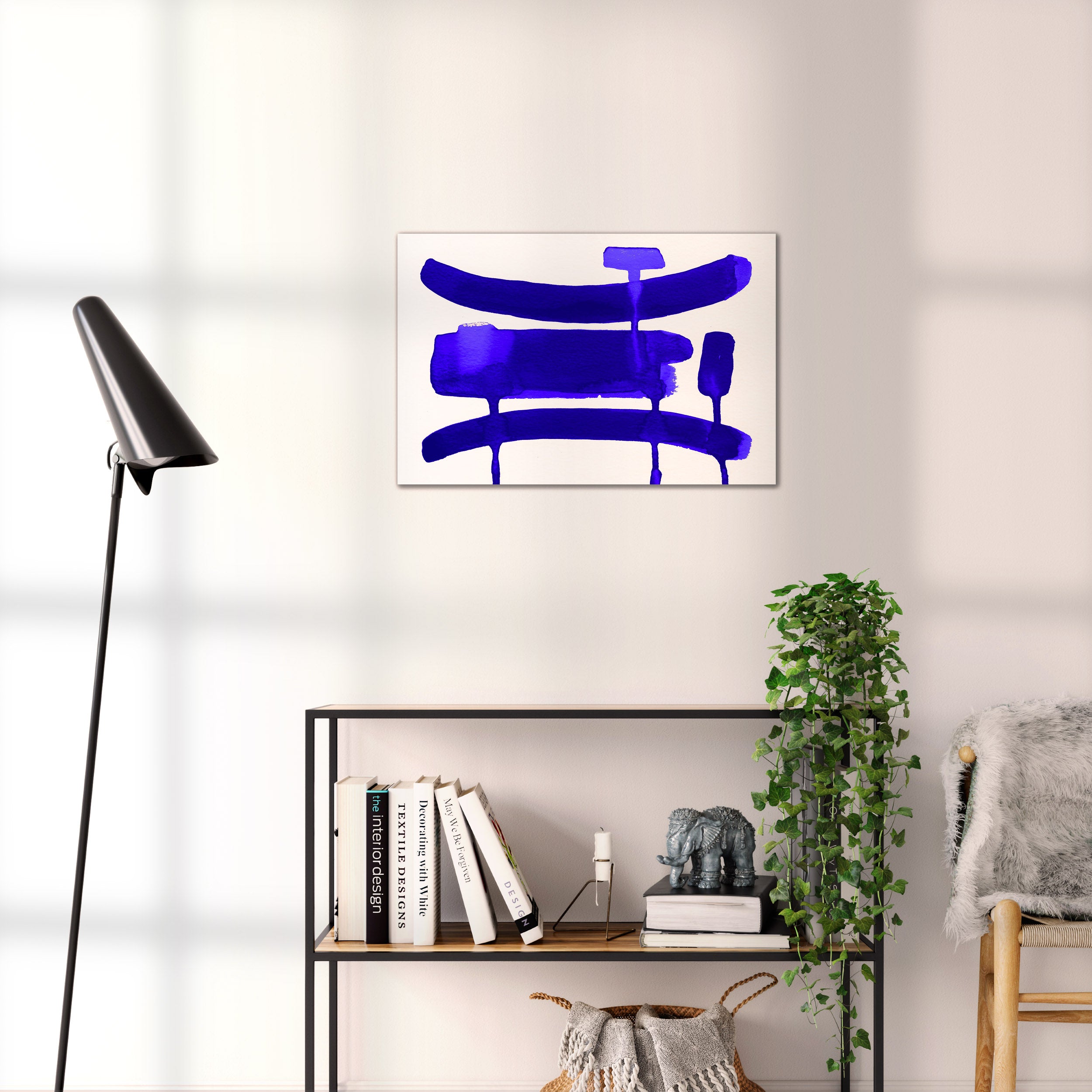 Composition in Ink 09 blue ink, 60×40 cm giclée art print shown to scale in a home interior – abstract minimalist wall art, landscape format, Open Wall Studio Studies in Ink