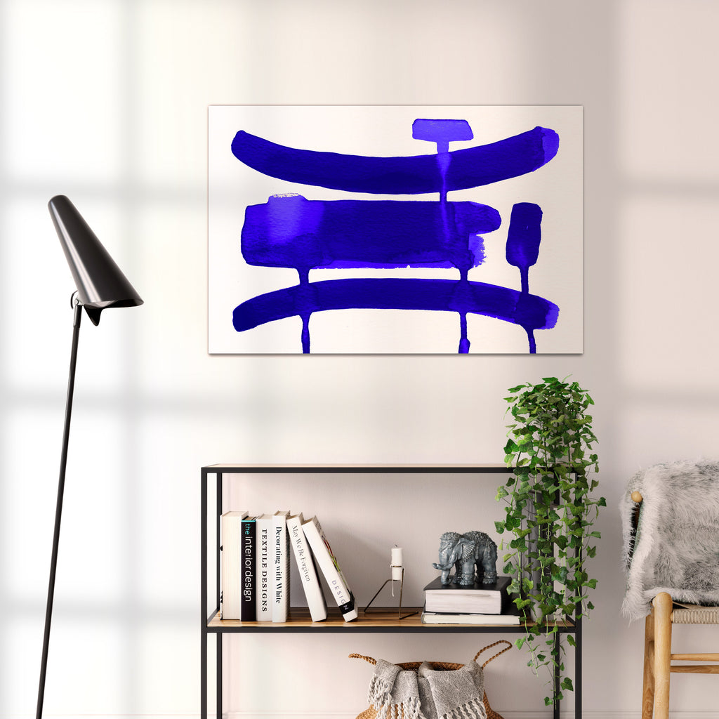 Composition in Ink 09 blue ink, 90×60 cm giclée art print shown to scale in a home interior – abstract minimalist wall art, landscape format, Open Wall Studio Studies in Ink