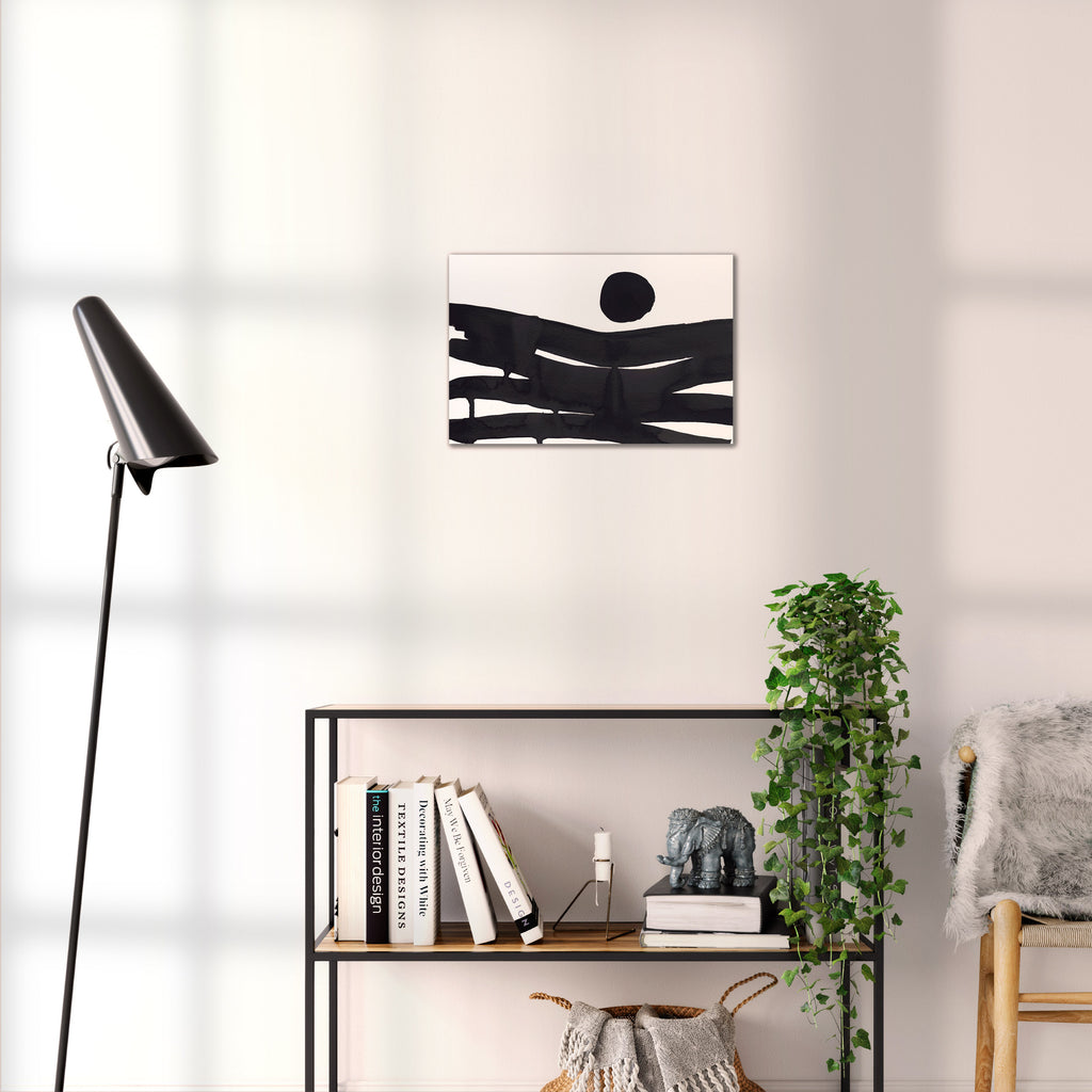 Composition in Ink 10 black ink, 45×30 cm giclée art print shown to scale in a home interior – abstract minimalist wall art, landscape format, Open Wall Studio Studies in Ink