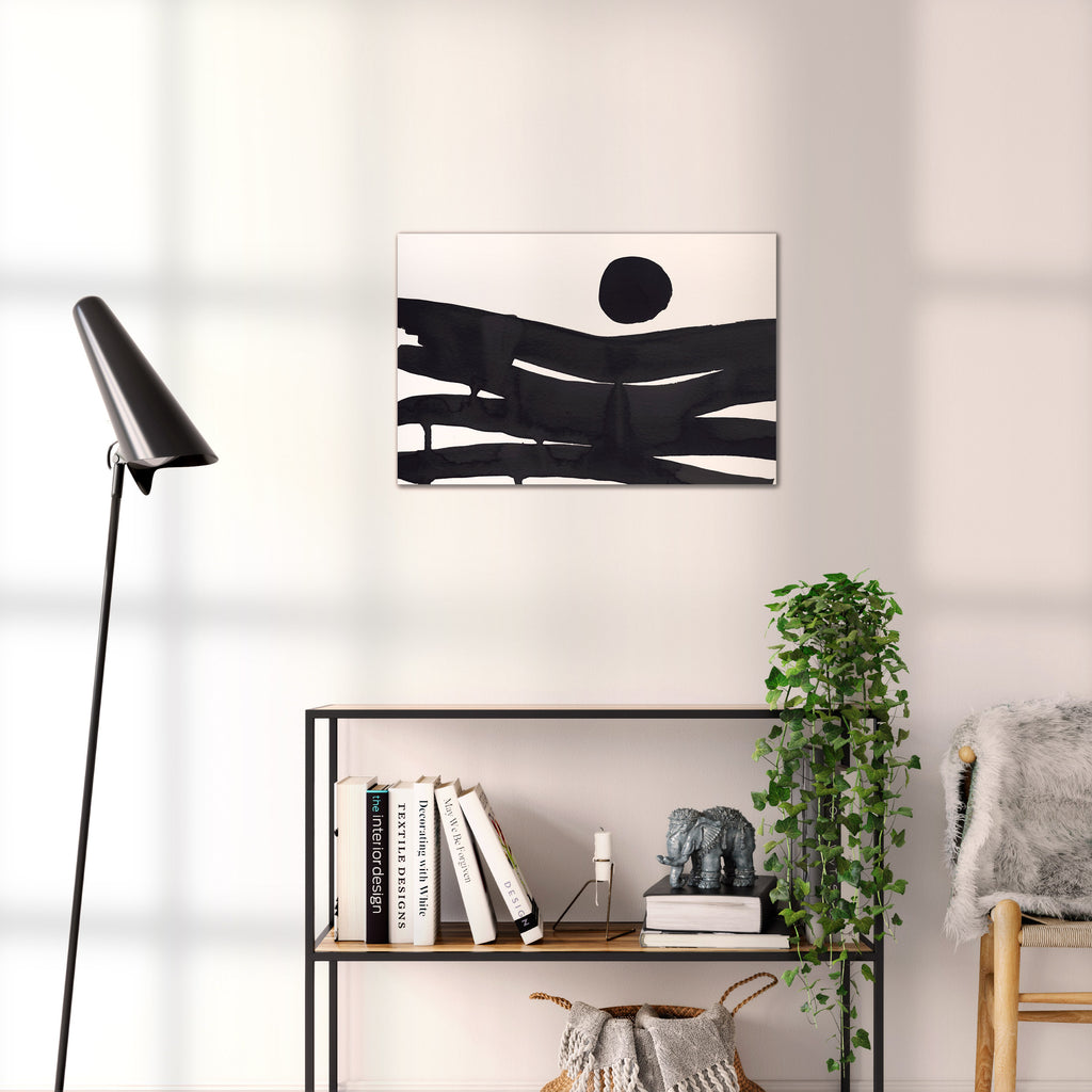Composition in Ink 10 black ink, 60×40 cm giclée art print shown to scale in a home interior – abstract minimalist wall art, landscape format, Open Wall Studio Studies in Ink