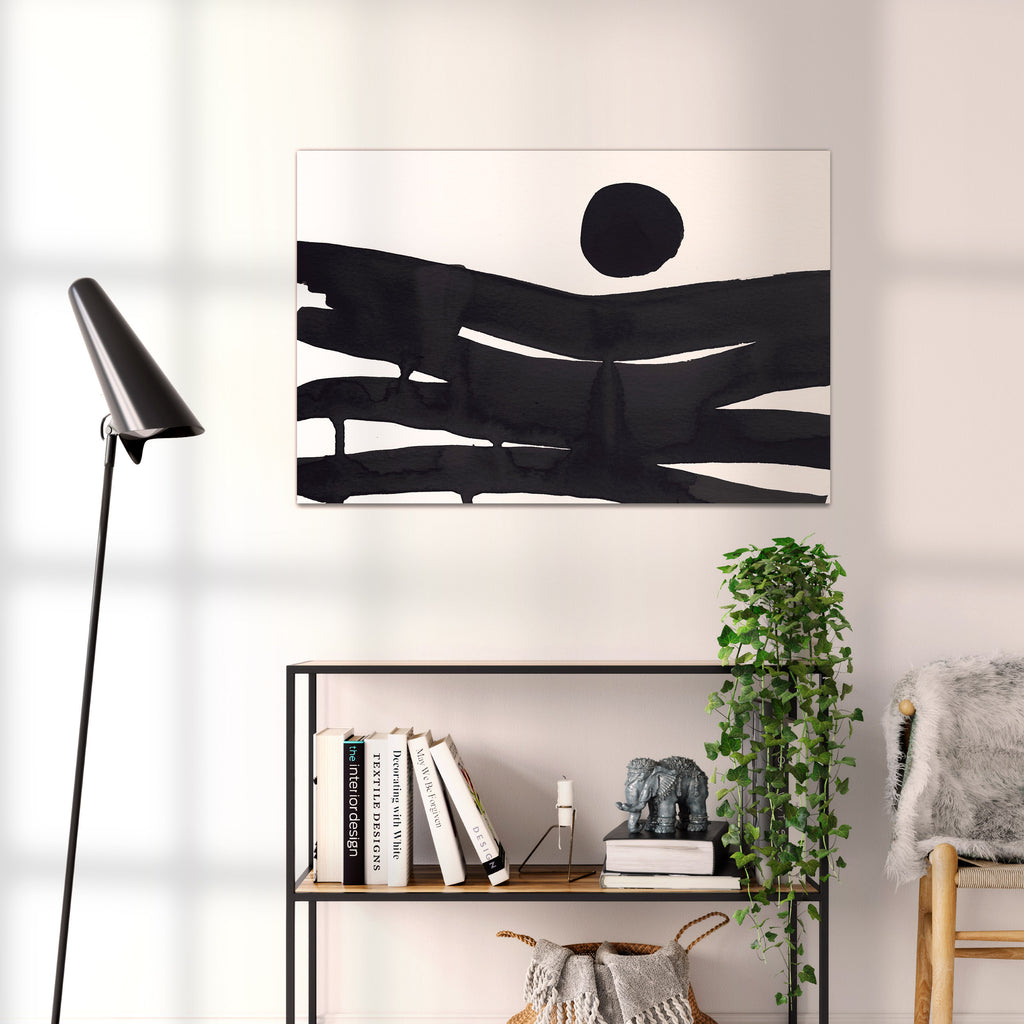 Composition in Ink 10 black ink, 90×60 cm giclée art print shown to scale in a home interior – abstract minimalist wall art, landscape format, Open Wall Studio Studies in Ink