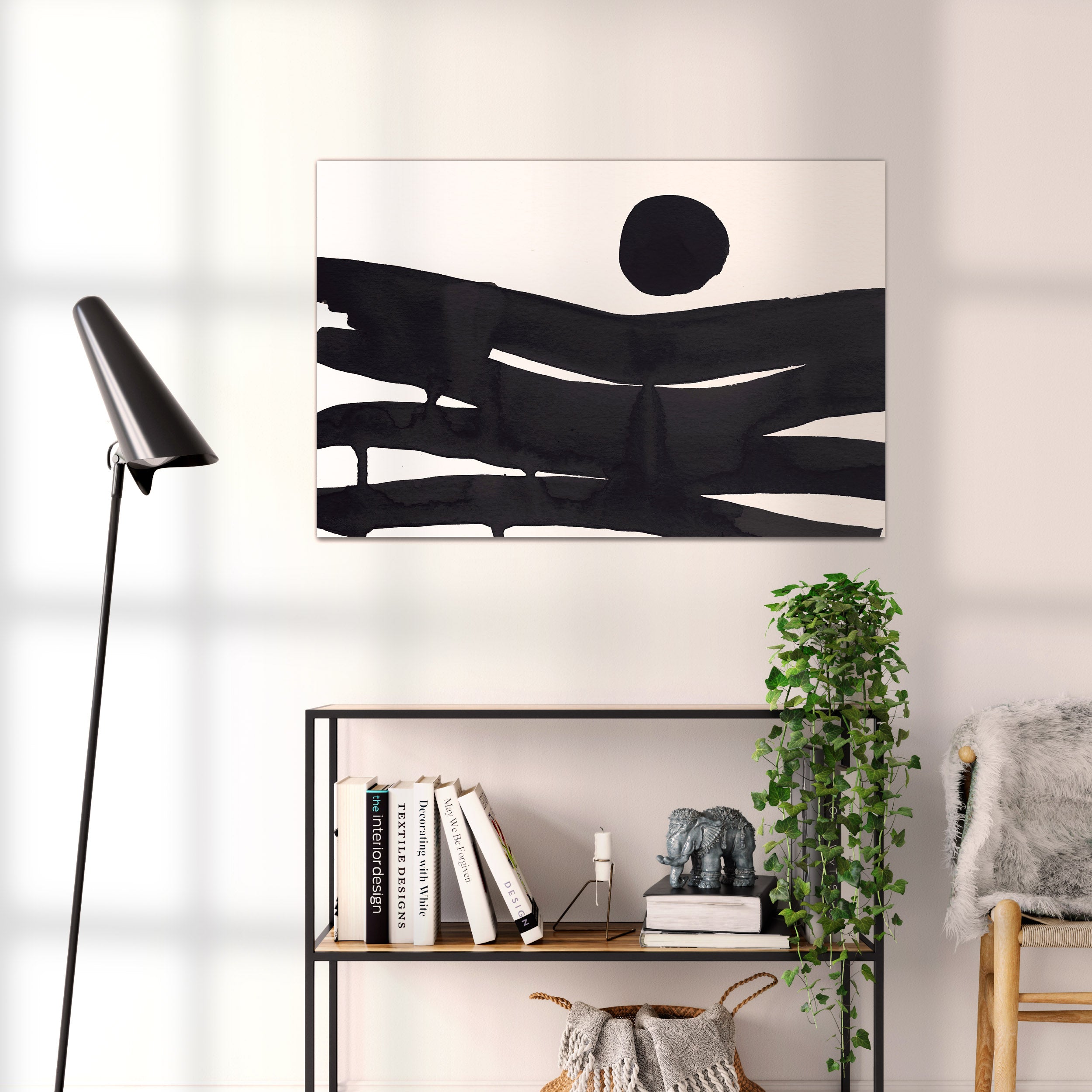 Composition in Ink 10 black ink, 90×60 cm giclée art print shown to scale in a home interior – abstract minimalist wall art, landscape format, Open Wall Studio Studies in Ink